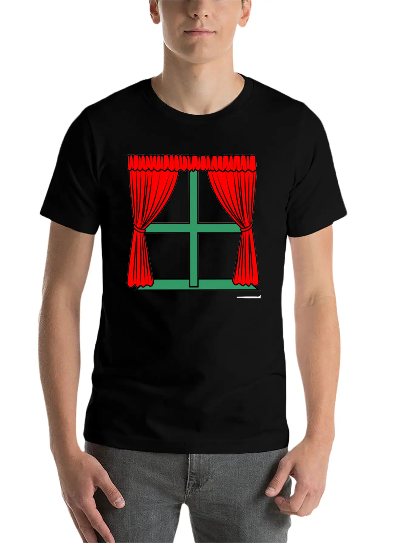 Blinds Red Curtains Green Window Frame Stylish Everyday T-Shirt – Unisex Basic Cotton Tee