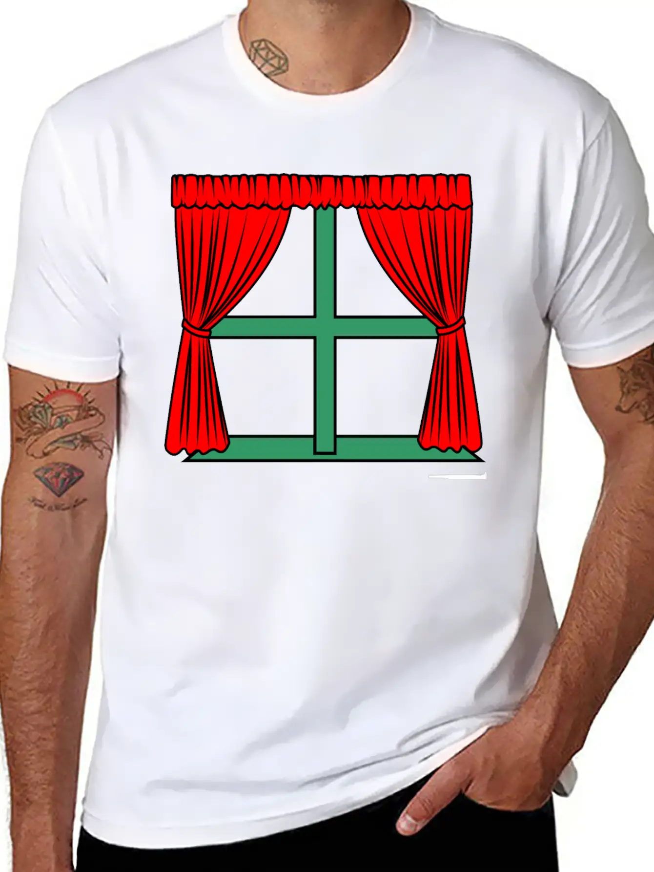 Blinds Red Curtains Green Window Frame Stylish Everyday T-Shirt – Unisex Basic Cotton Tee