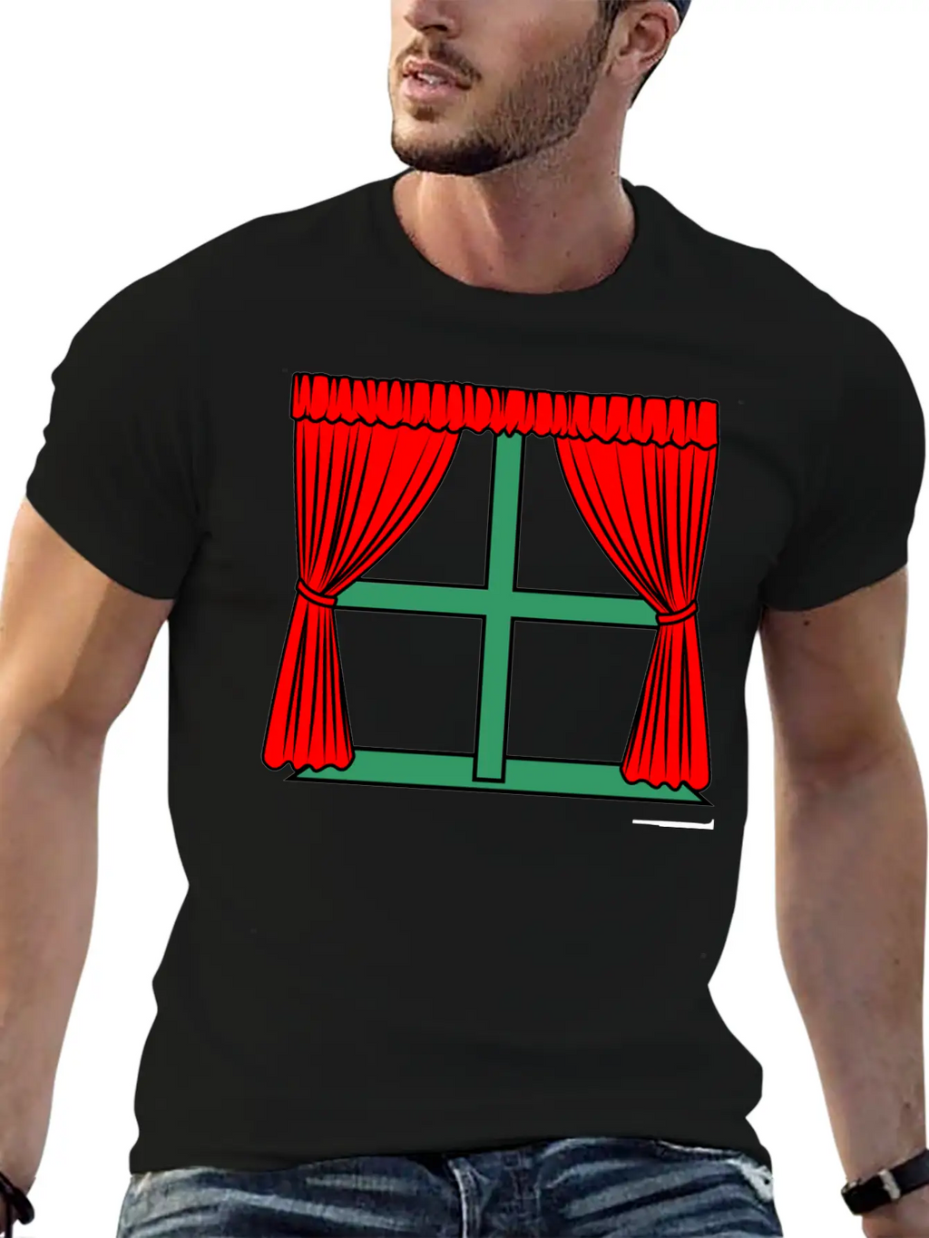Blinds Red Curtains Green Window Frame Stylish Everyday T-Shirt – Unisex Basic Cotton Tee