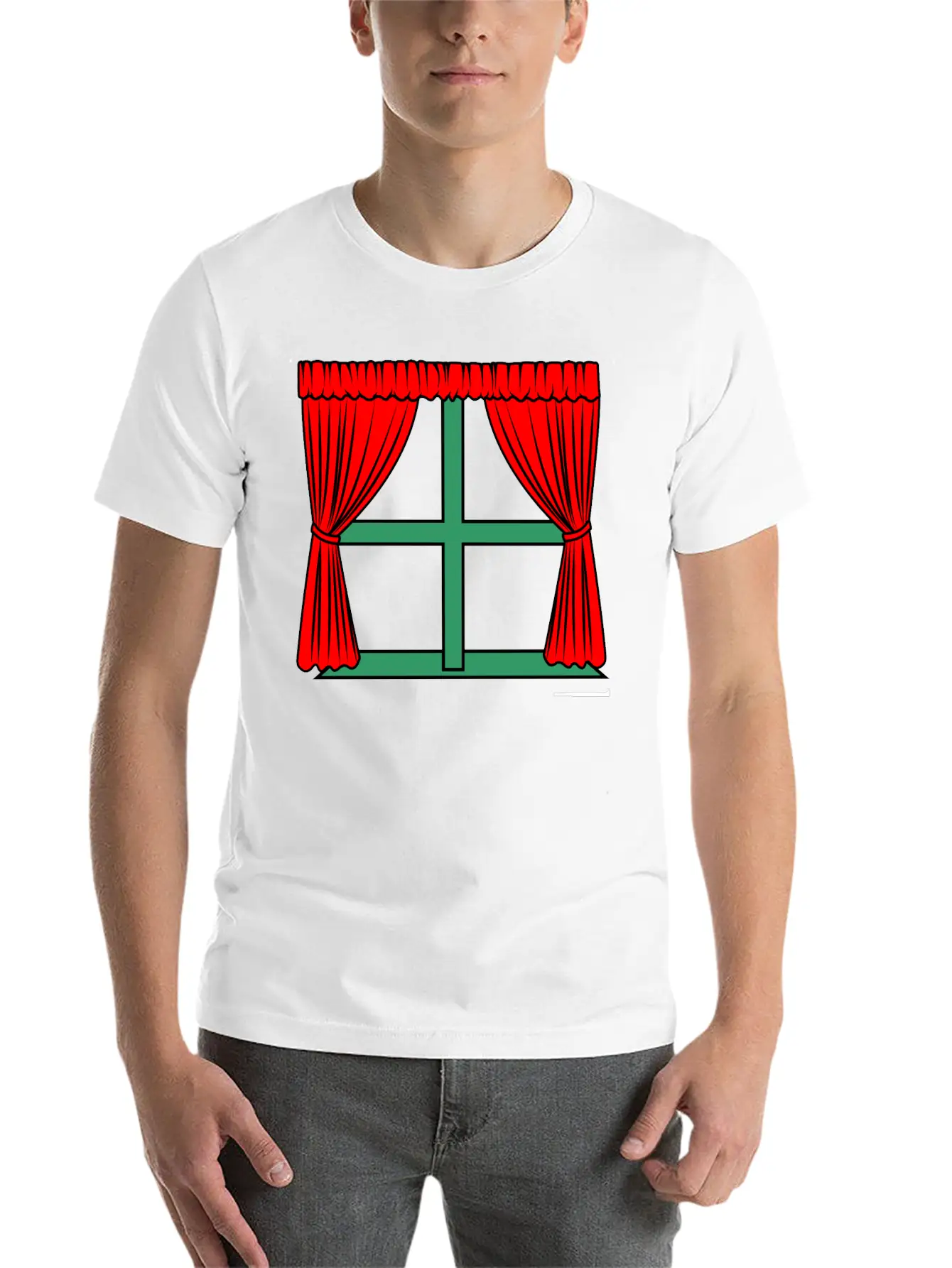 Blinds Red Curtains Green Window Frame Stylish Everyday T-Shirt – Unisex Basic Cotton Tee
