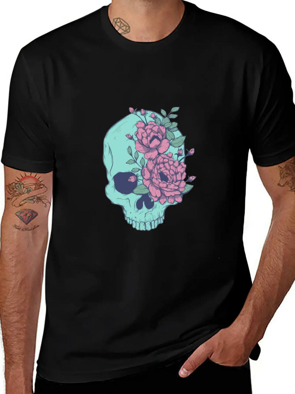 Blue Floral Skull Unisex Casual T-Shirt – Clean Design For Daily Comfort