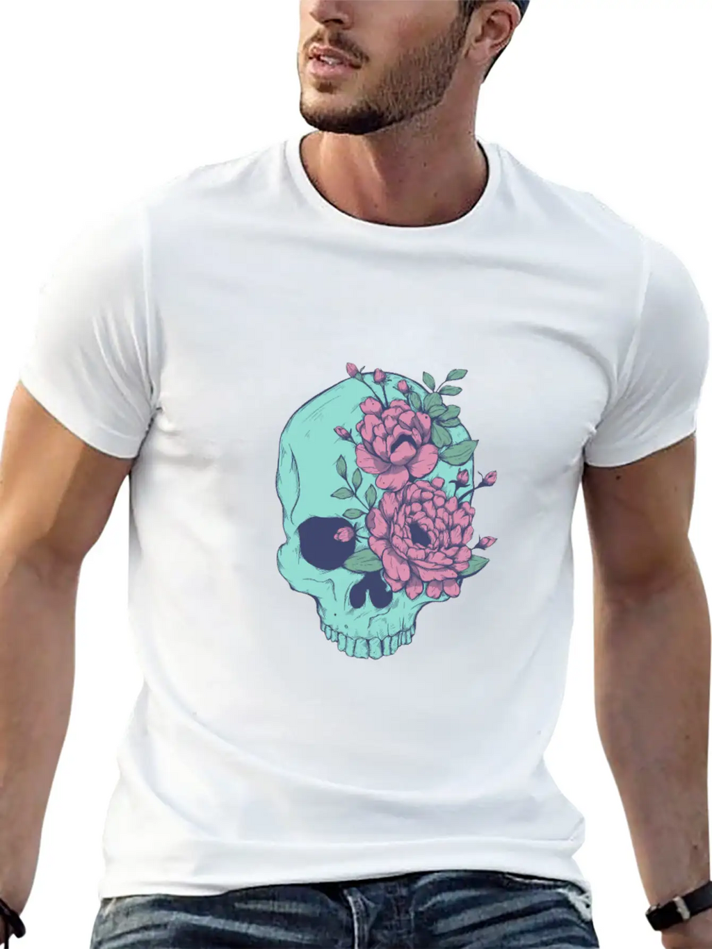 Blue Floral Skull Unisex Casual T-Shirt – Clean Design For Daily Comfort