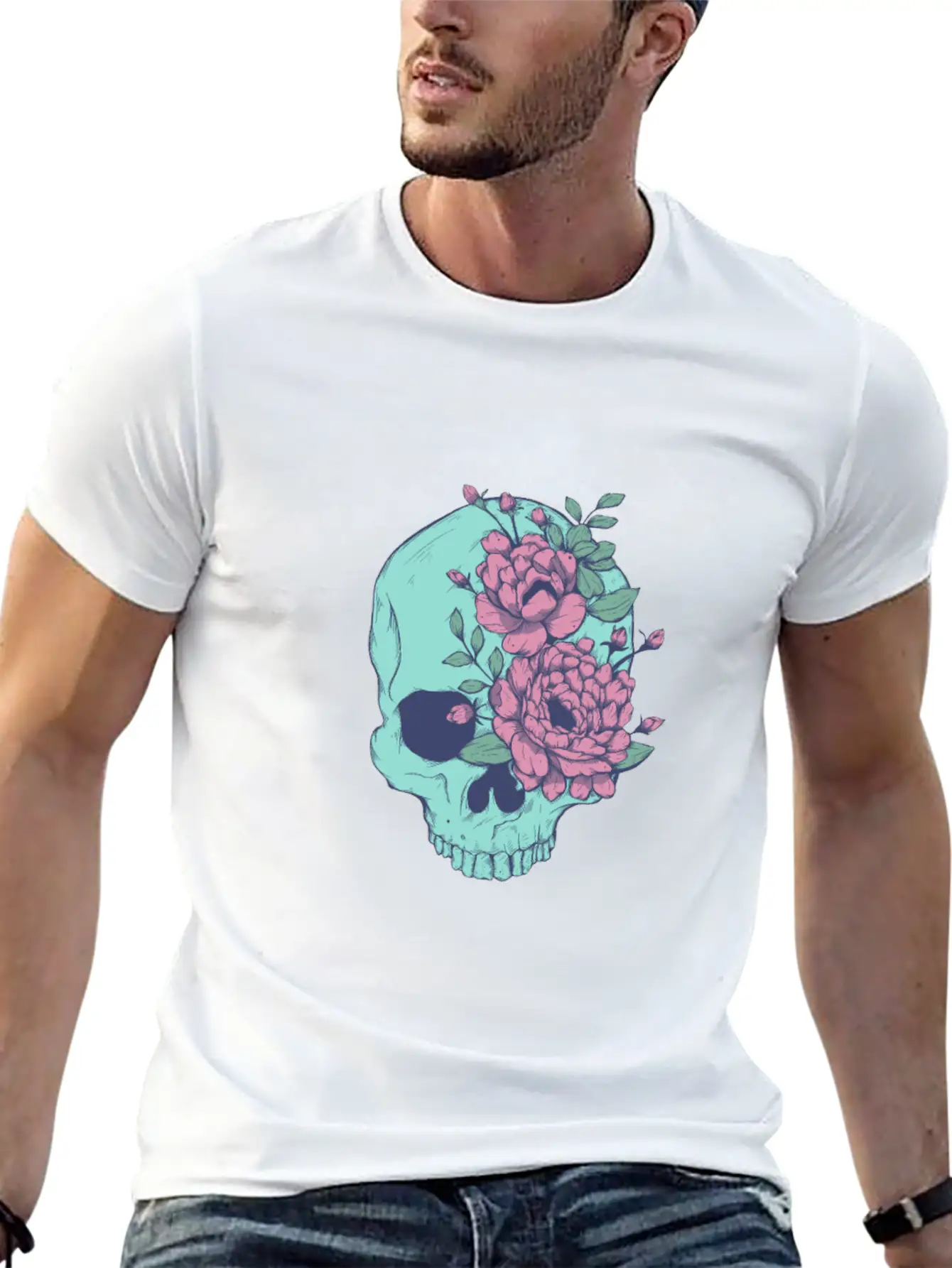Blue Floral Skull Unisex Casual T-Shirt – Clean Design For Daily Comfort