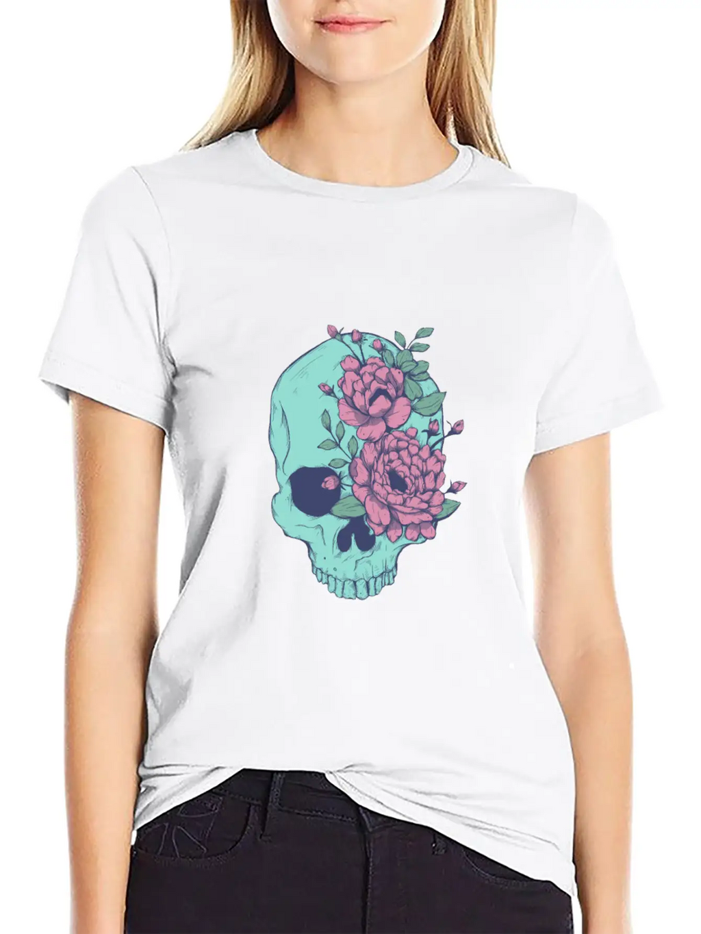 Blue Floral Skull Unisex Casual T-Shirt – Clean Design For Daily Comfort