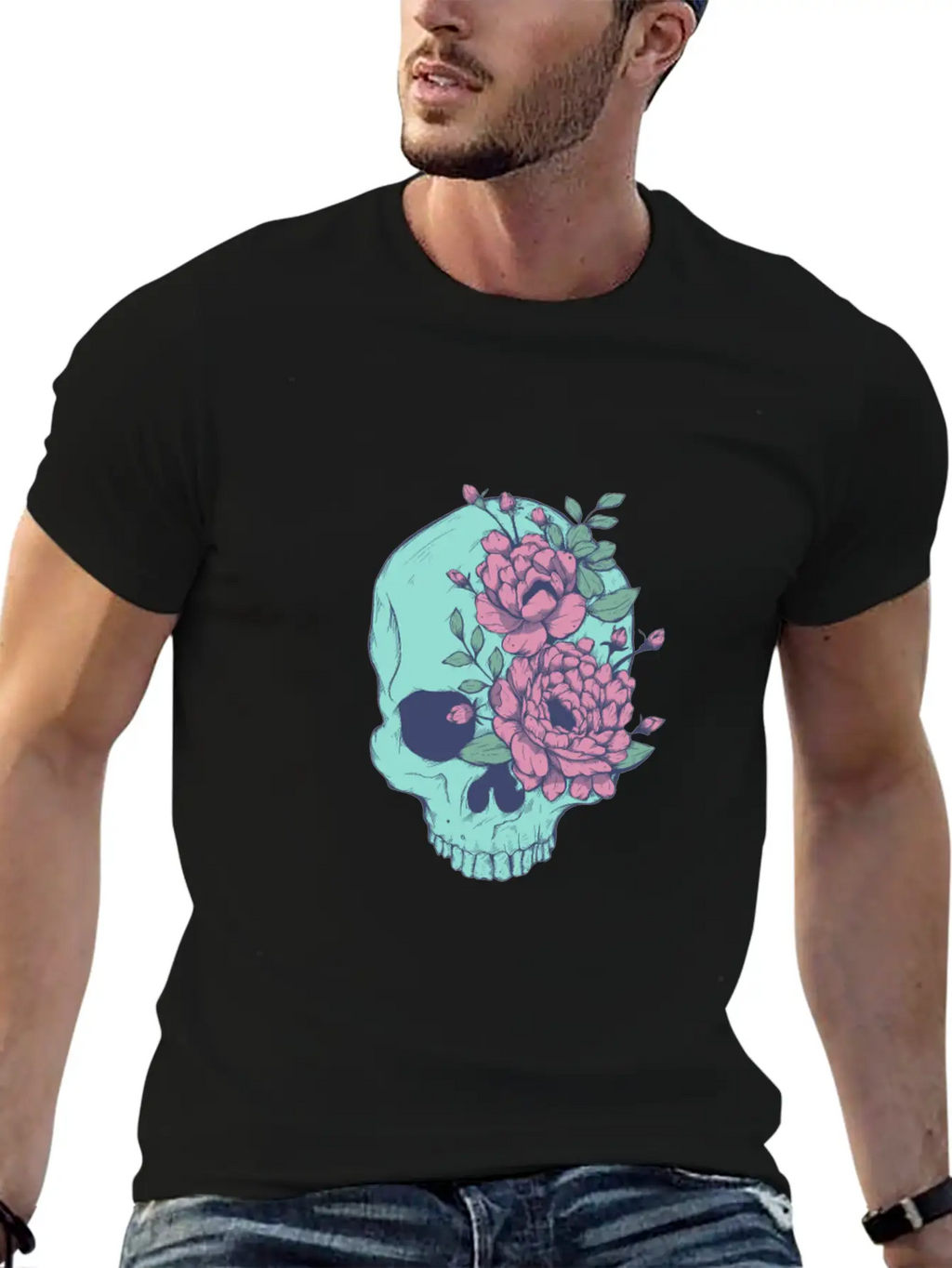 Blue Floral Skull Unisex Casual T-Shirt – Clean Design For Daily Comfort