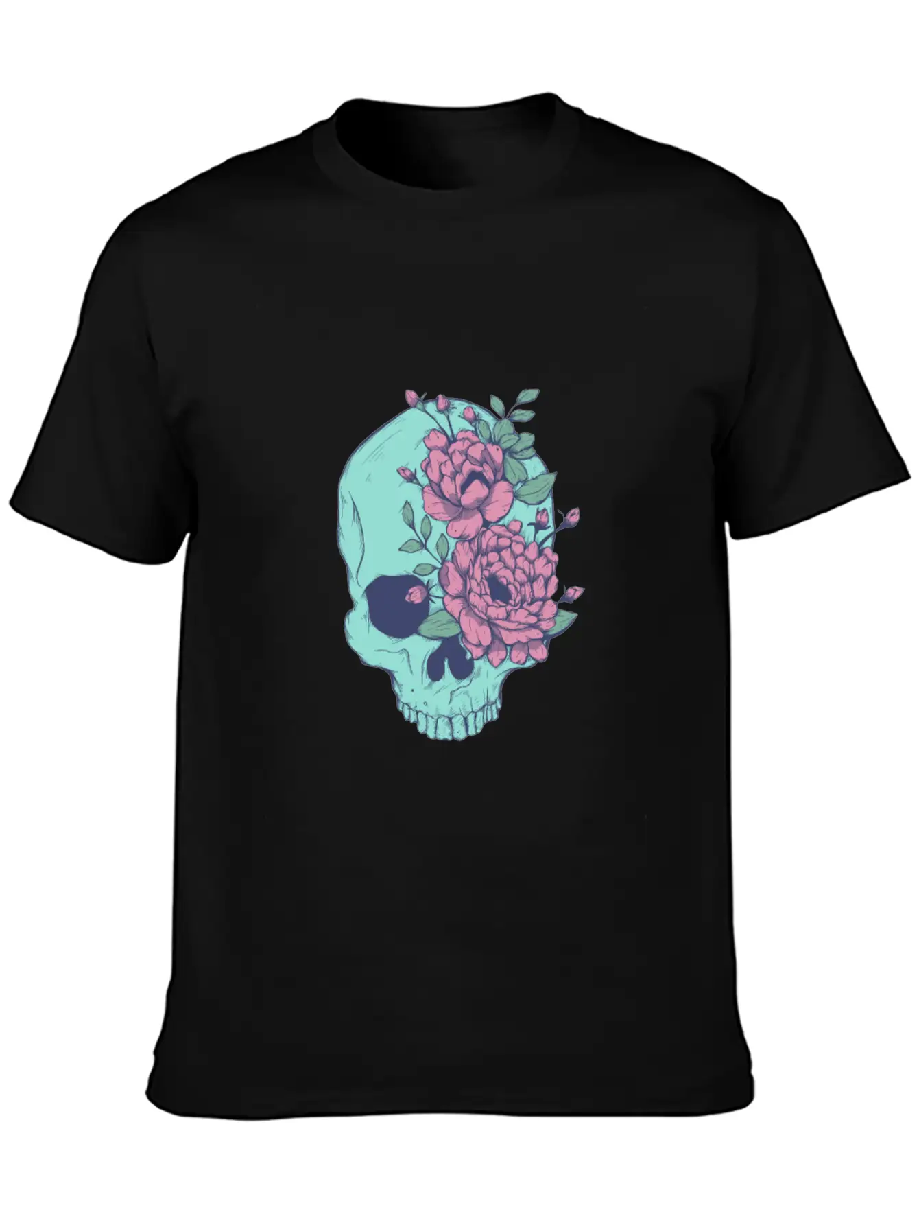 Blue Floral Skull Unisex Casual T-Shirt – Clean Design For Daily Comfort