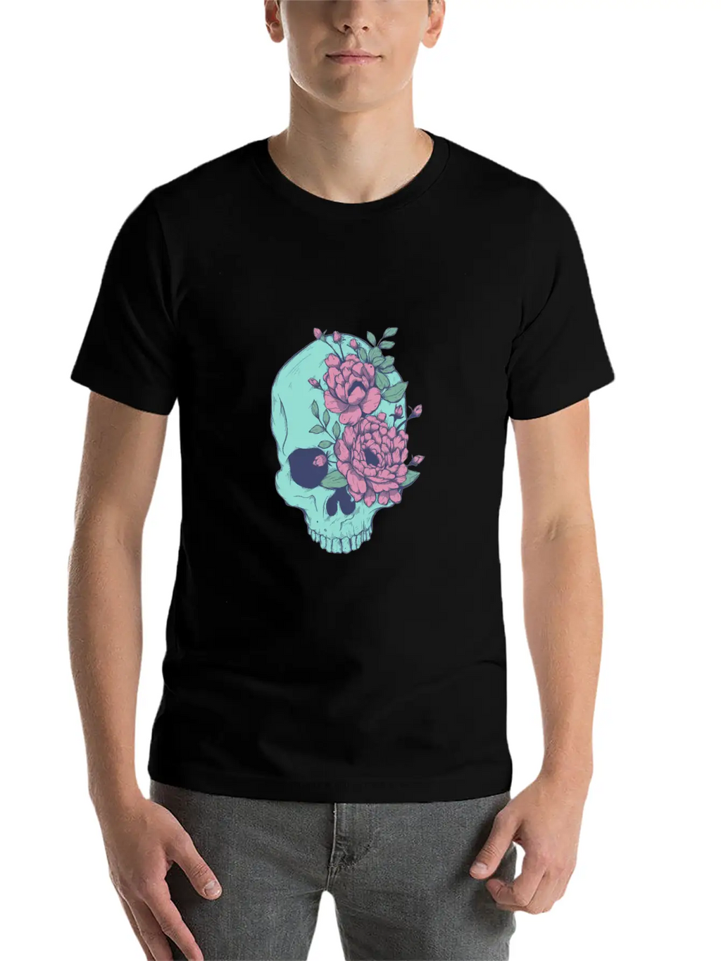 Blue Floral Skull Unisex Casual T-Shirt – Clean Design For Daily Comfort