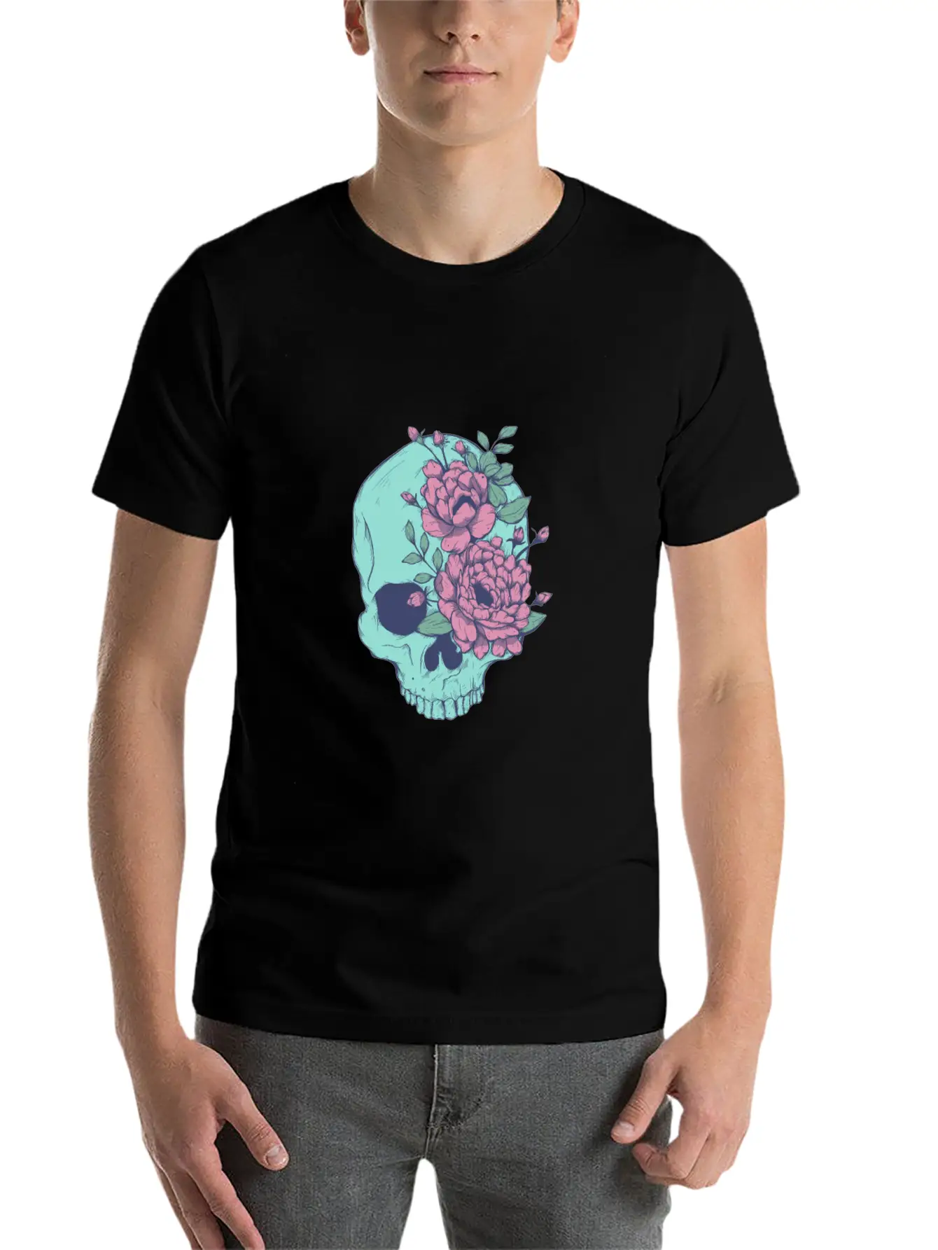Blue Floral Skull Unisex Casual T-Shirt – Clean Design For Daily Comfort