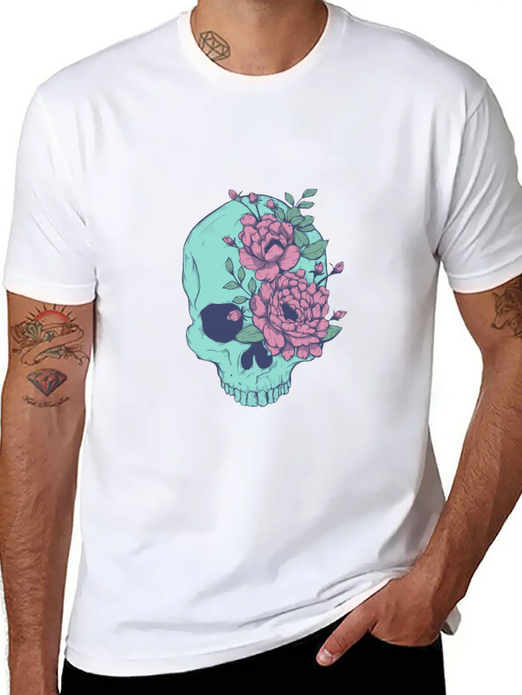 Blue Floral Skull Unisex Casual T-Shirt – Clean Design For Daily Comfort