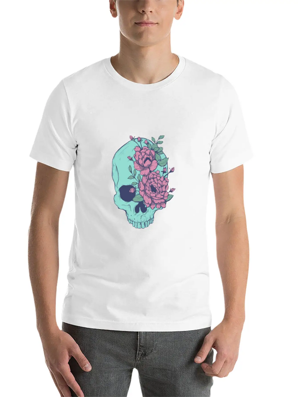 Blue Floral Skull Unisex Casual T-Shirt – Clean Design For Daily Comfort