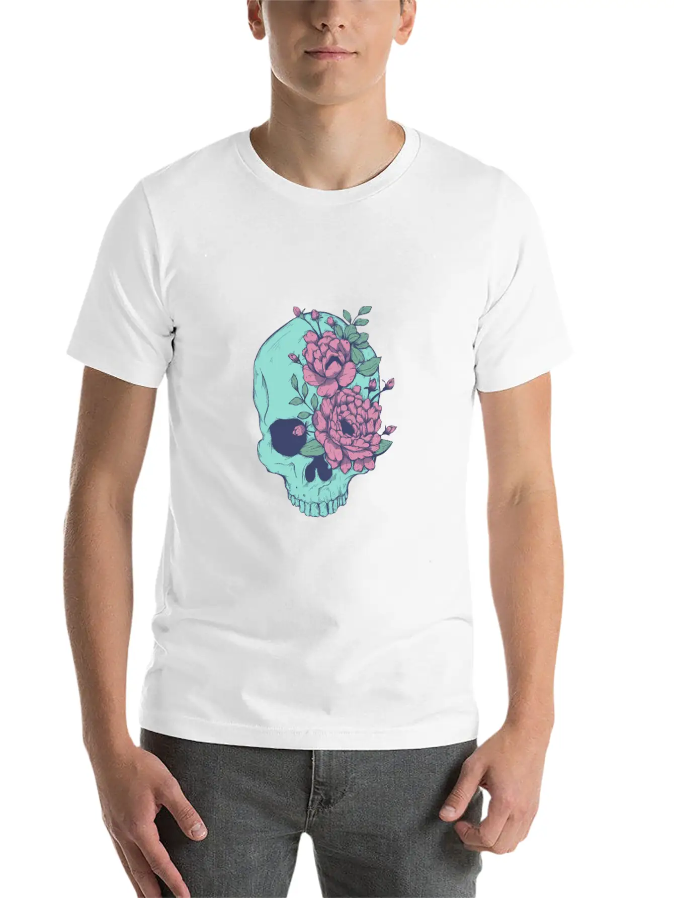 Blue Floral Skull Unisex Casual T-Shirt – Clean Design For Daily Comfort