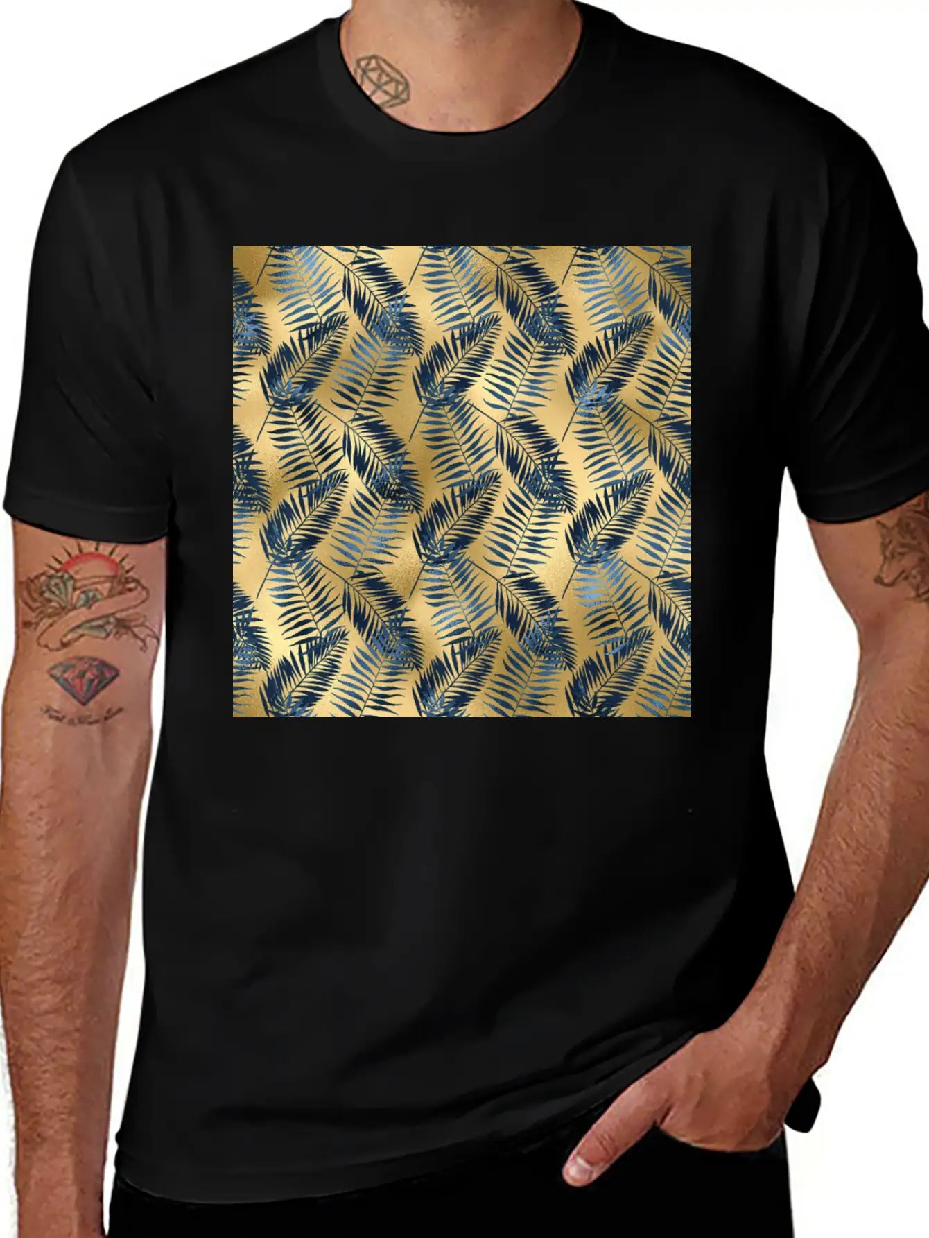 Blue Gold Palm Leaves Pattern Unisex Casual T-Shirt – Clean Design For Daily Comfort