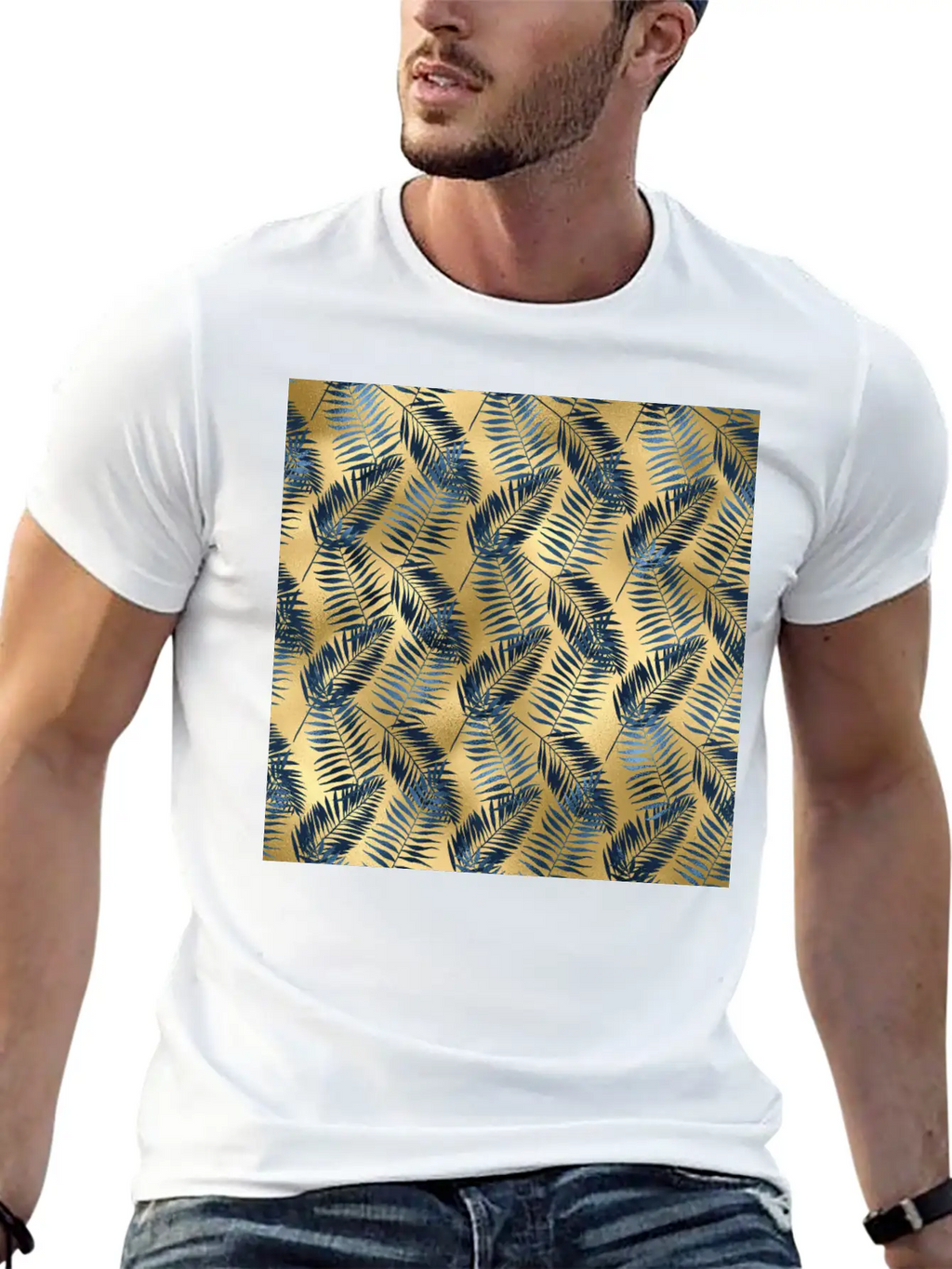 Blue Gold Palm Leaves Pattern Unisex Casual T-Shirt – Clean Design For Daily Comfort