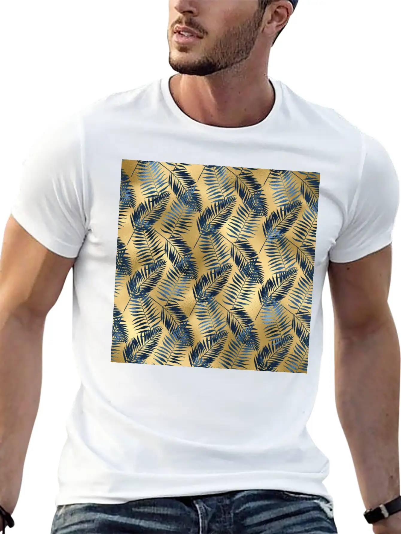 Blue Gold Palm Leaves Pattern Unisex Casual T-Shirt – Clean Design For Daily Comfort