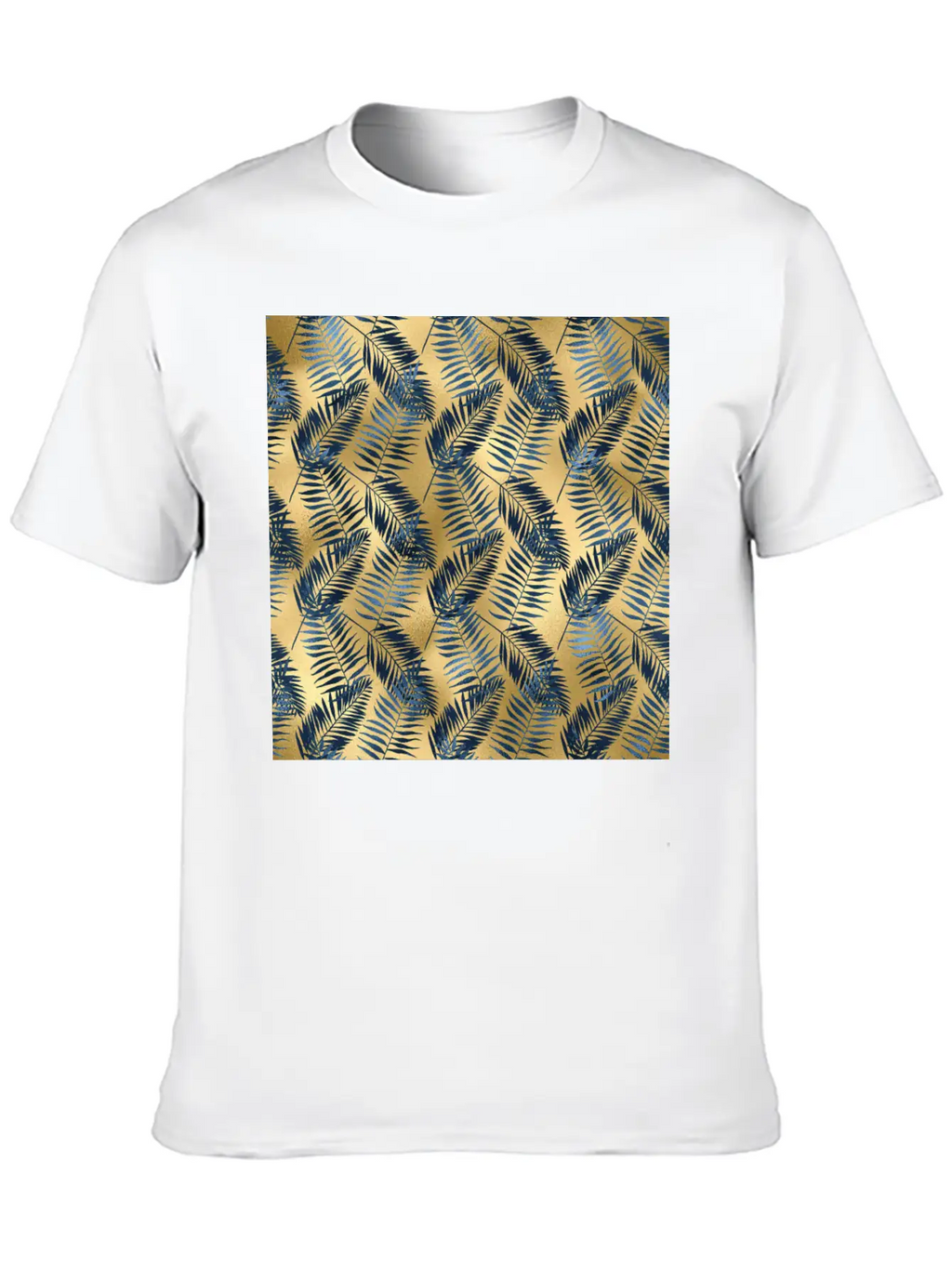 Blue Gold Palm Leaves Pattern Unisex Casual T-Shirt – Clean Design For Daily Comfort