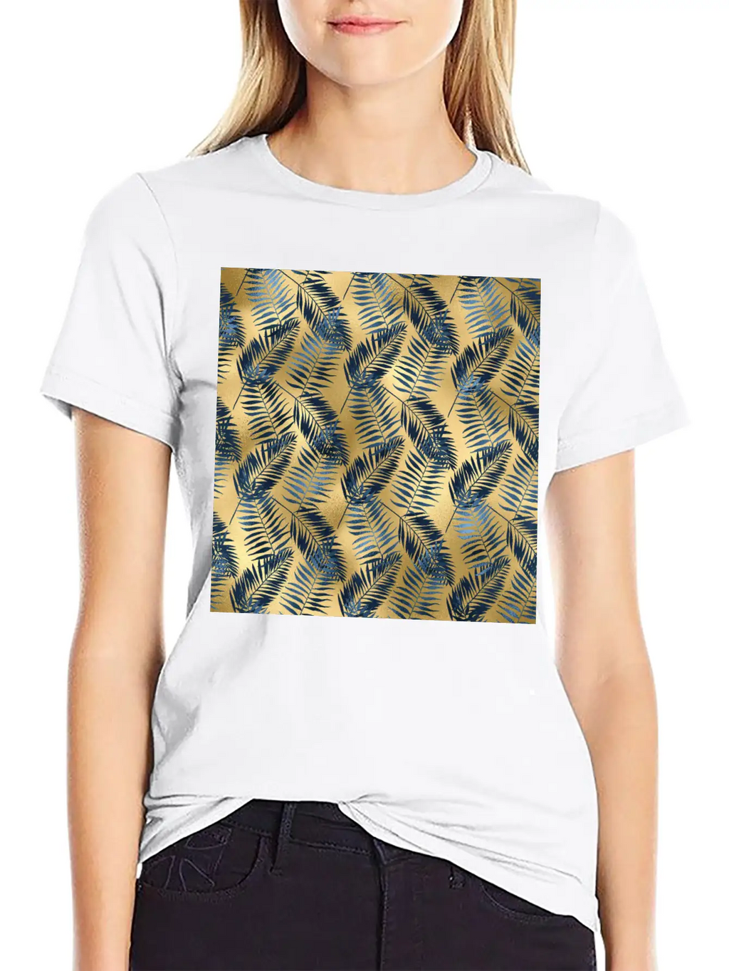 Blue Gold Palm Leaves Pattern Unisex Casual T-Shirt – Clean Design For Daily Comfort