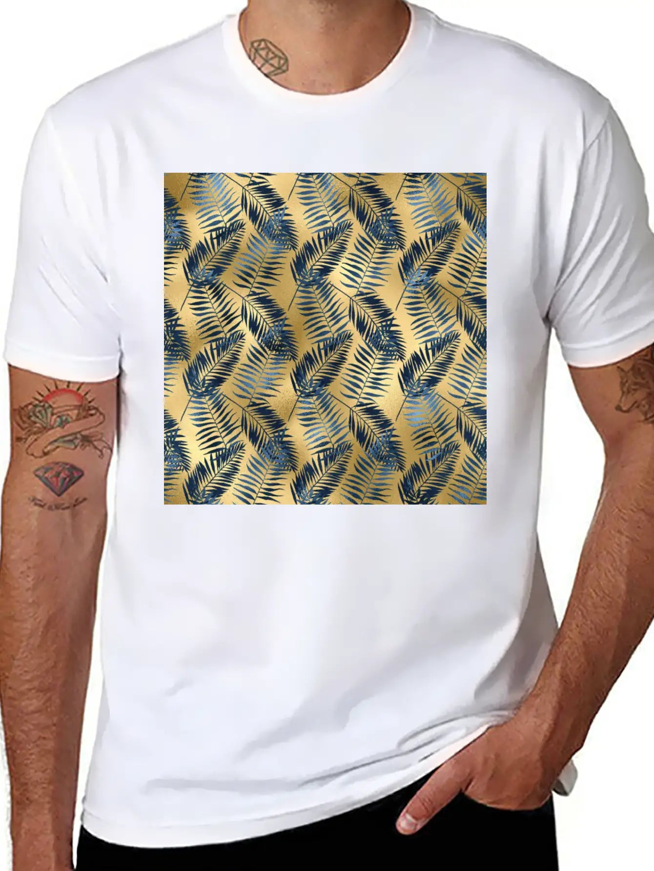 Blue Gold Palm Leaves Pattern Unisex Casual T-Shirt – Clean Design For Daily Comfort