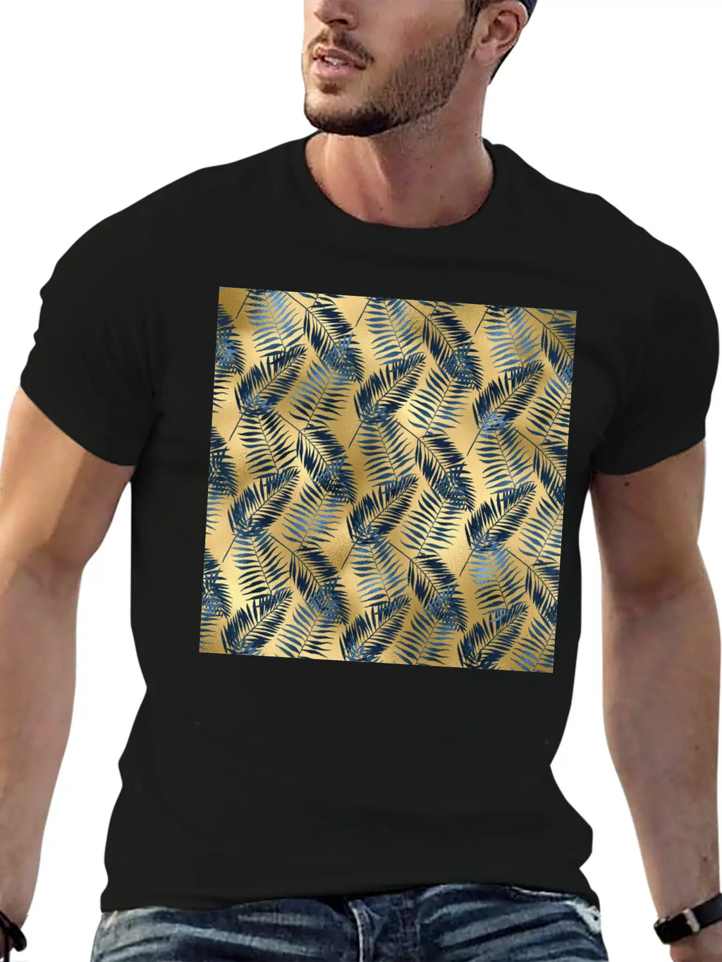 Blue Gold Palm Leaves Pattern Unisex Casual T-Shirt – Clean Design For Daily Comfort