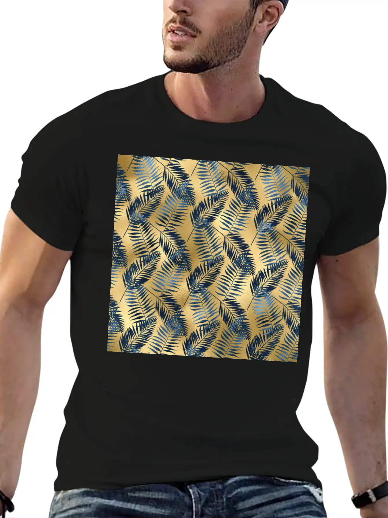 Blue Gold Palm Leaves Pattern Unisex Casual T-Shirt – Clean Design For Daily Comfort
