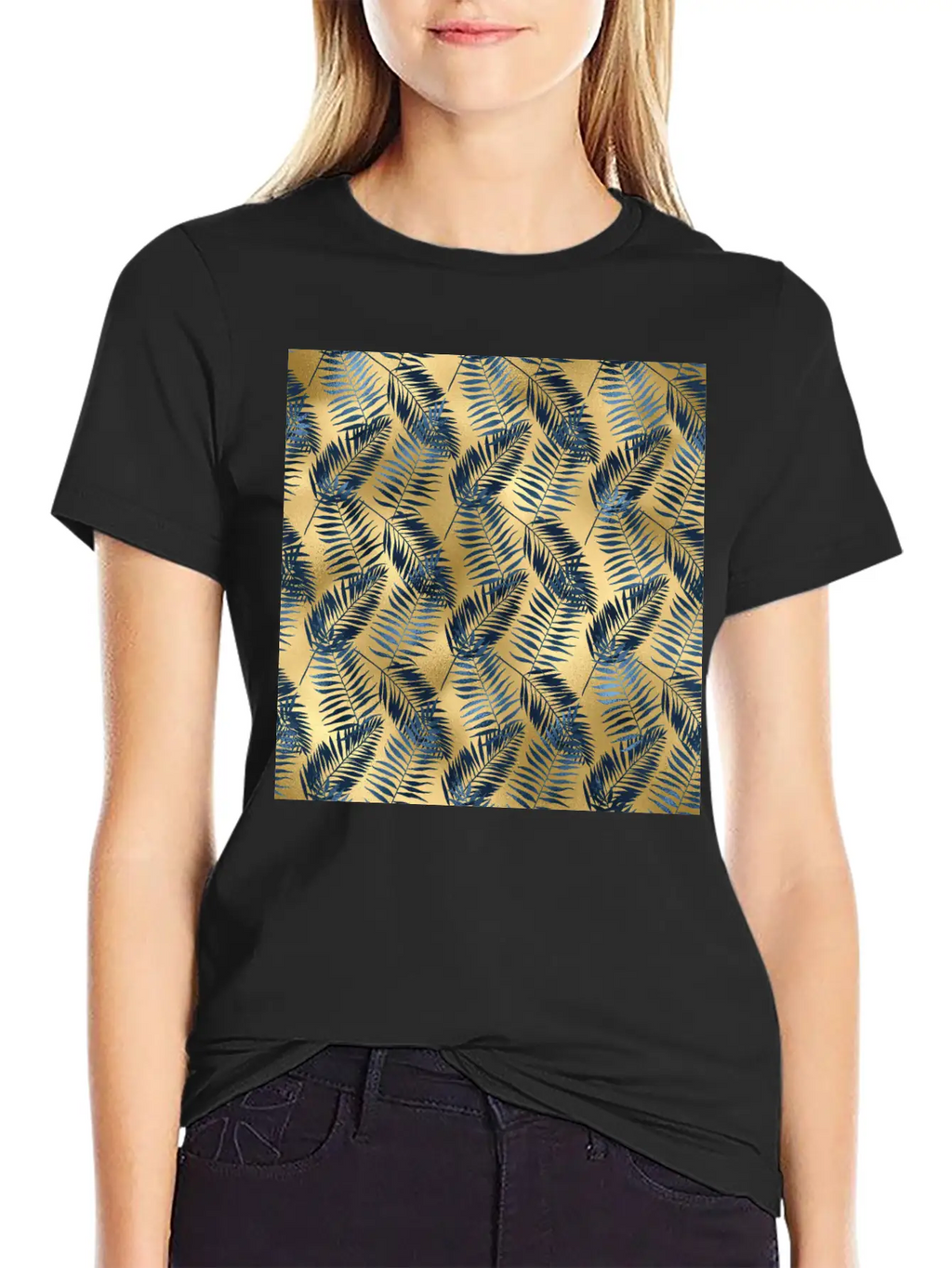 Blue Gold Palm Leaves Pattern Unisex Casual T-Shirt – Clean Design For Daily Comfort