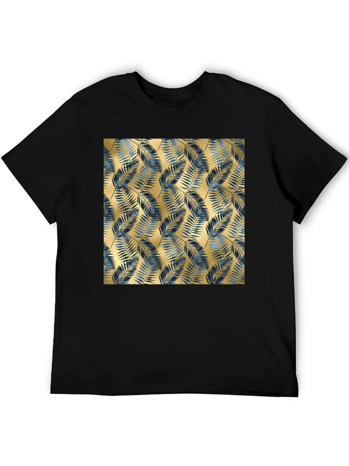 Blue Gold Palm Leaves Pattern Unisex Casual T-Shirt – Clean Design For Daily Comfort