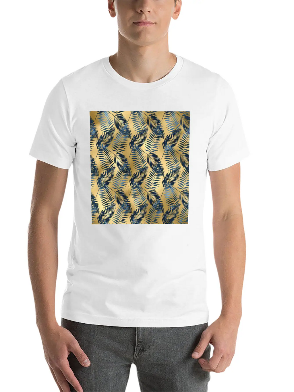 Blue Gold Palm Leaves Pattern Unisex Casual T-Shirt – Clean Design For Daily Comfort
