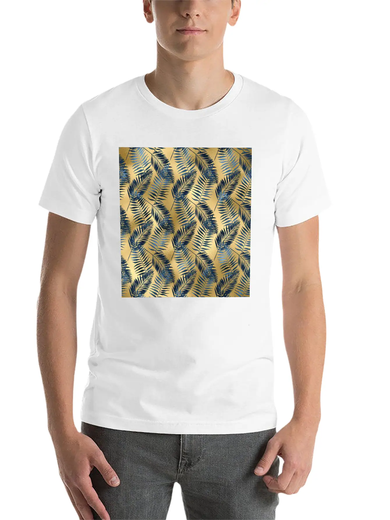 Blue Gold Palm Leaves Pattern Unisex Casual T-Shirt – Clean Design For Daily Comfort