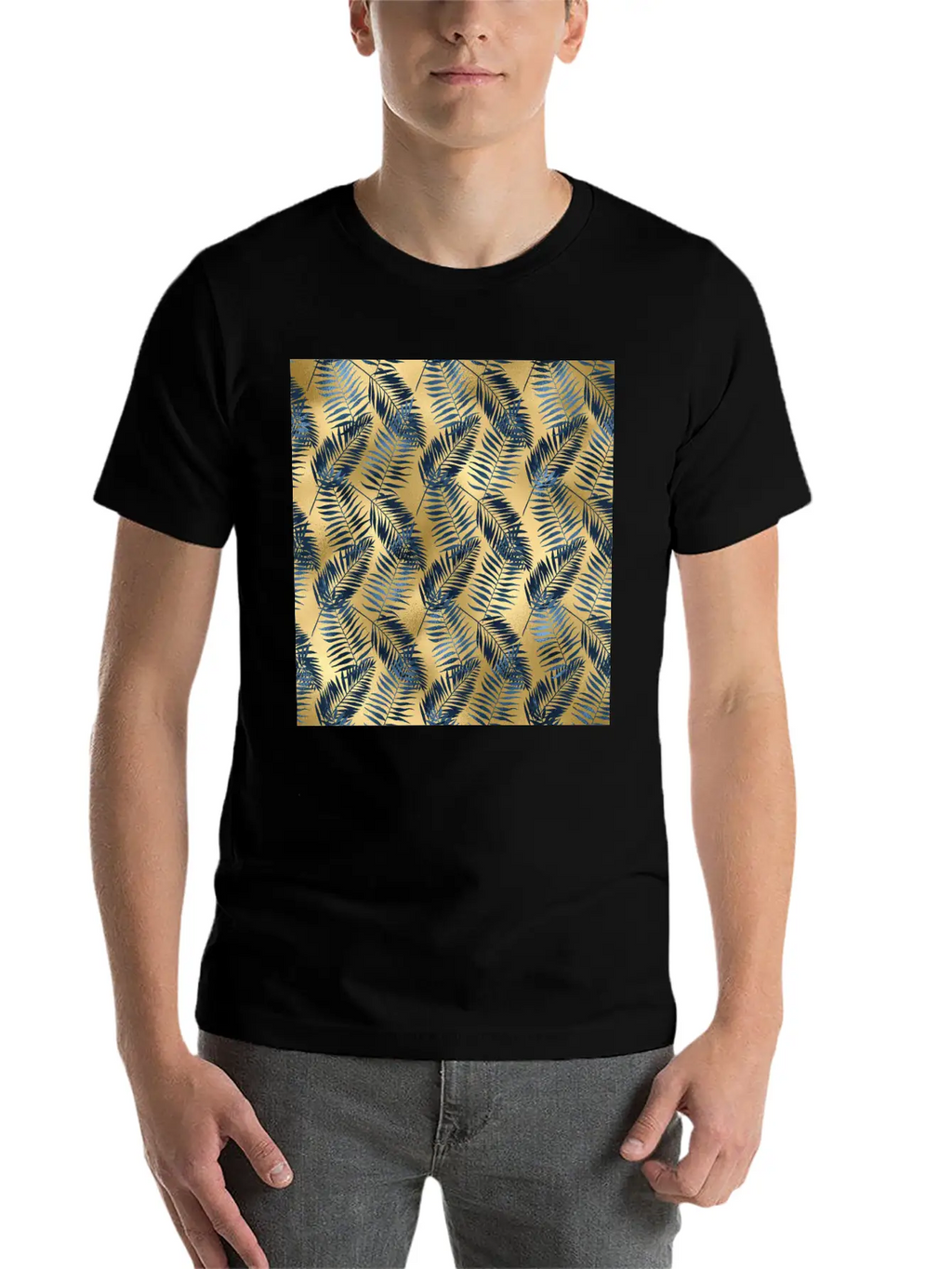 Blue Gold Palm Leaves Pattern Unisex Casual T-Shirt – Clean Design For Daily Comfort
