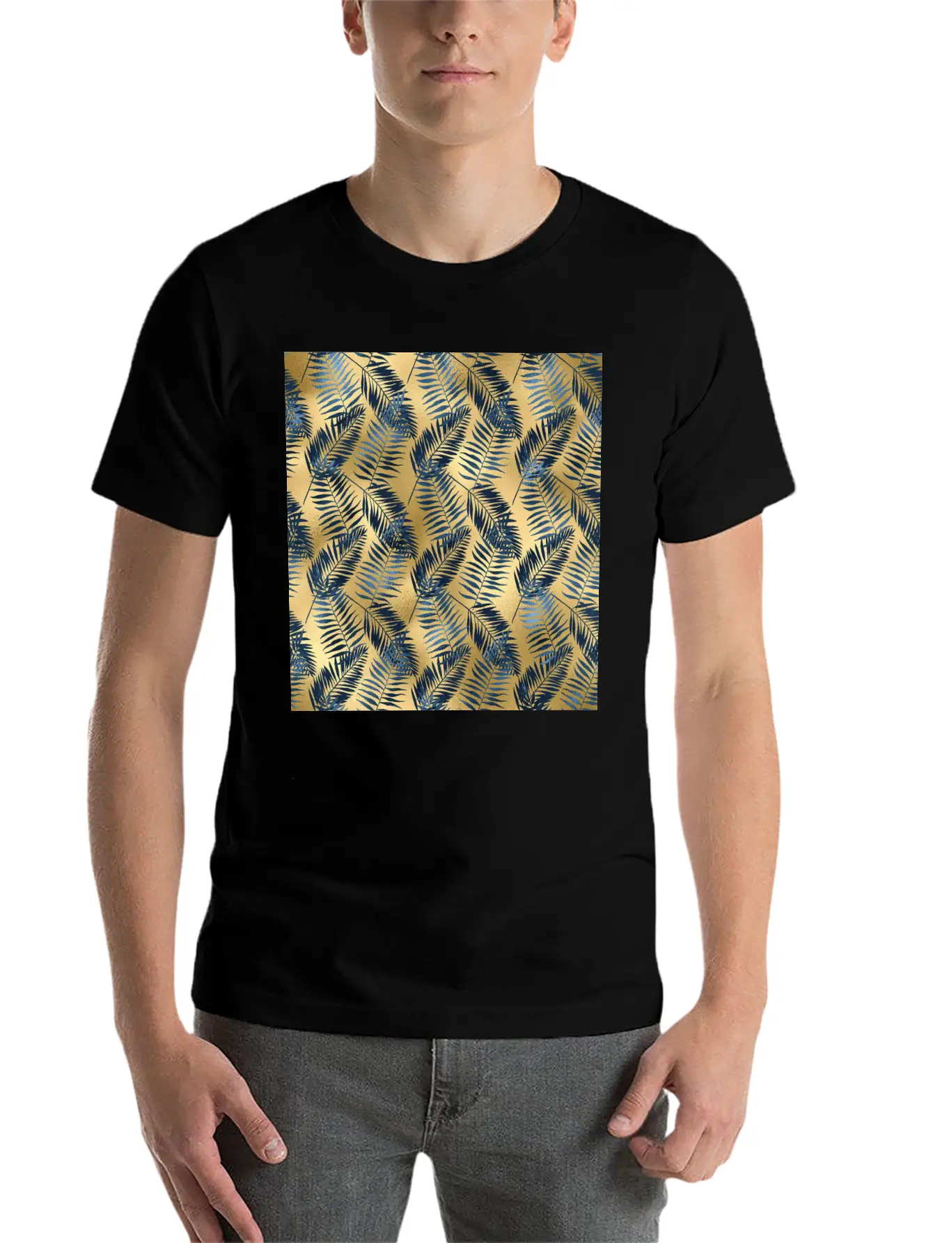 Blue Gold Palm Leaves Pattern Unisex Casual T-Shirt – Clean Design For Daily Comfort