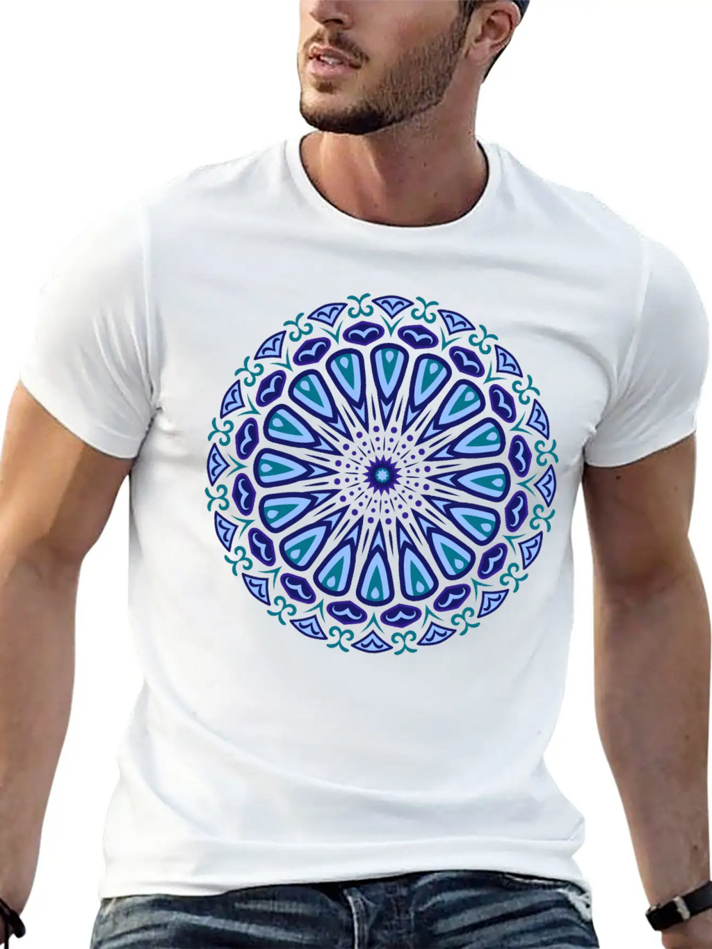 Blue Organic Boho Mandala Unisex Short Sleeve Soft Cotton T-Shirt – Casual Everyday Wear