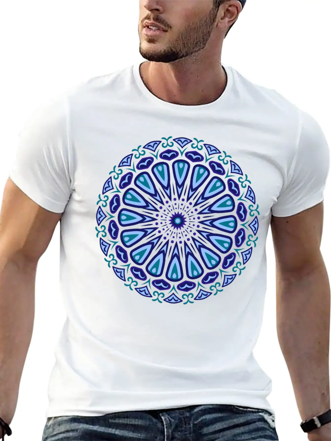 Blue Organic Boho Mandala Unisex Short Sleeve Soft Cotton T-Shirt – Casual Everyday Wear