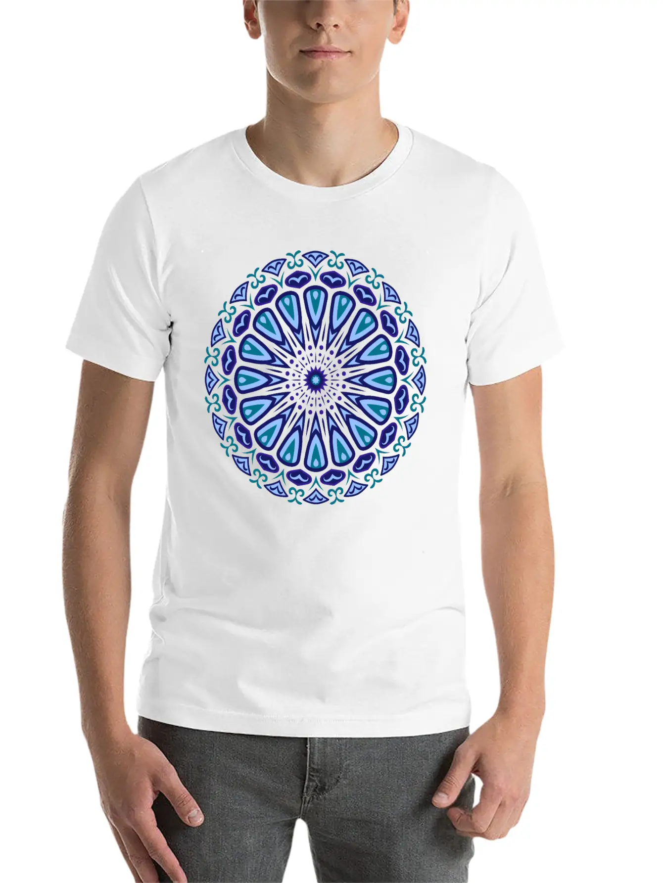 Blue Organic Boho Mandala Unisex Short Sleeve Soft Cotton T-Shirt – Casual Everyday Wear