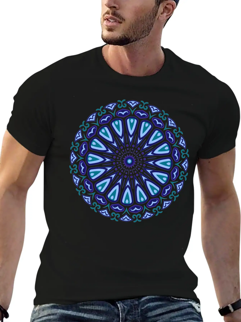 Blue Organic Boho Mandala Unisex Short Sleeve Soft Cotton T-Shirt – Casual Everyday Wear