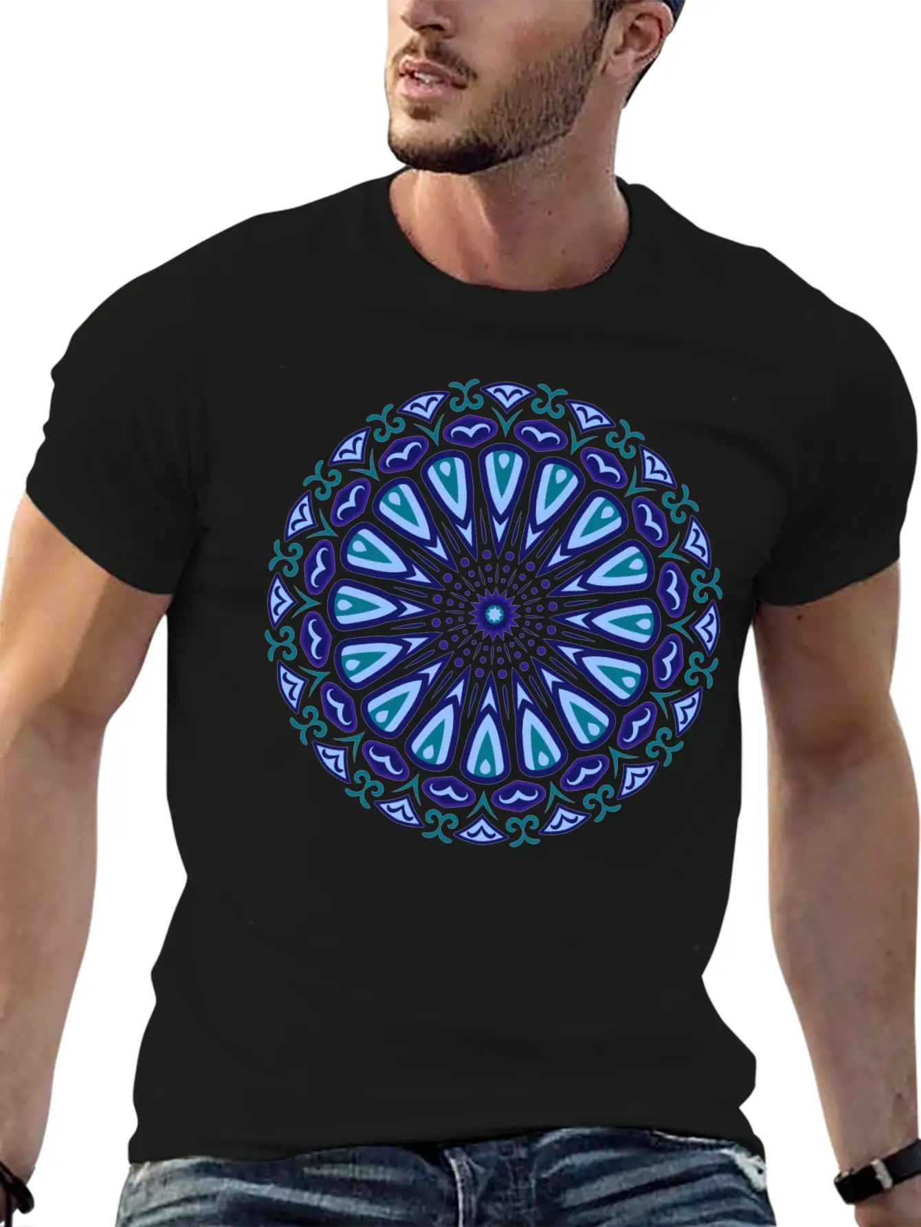 Blue Organic Boho Mandala Unisex Short Sleeve Soft Cotton T-Shirt – Casual Everyday Wear
