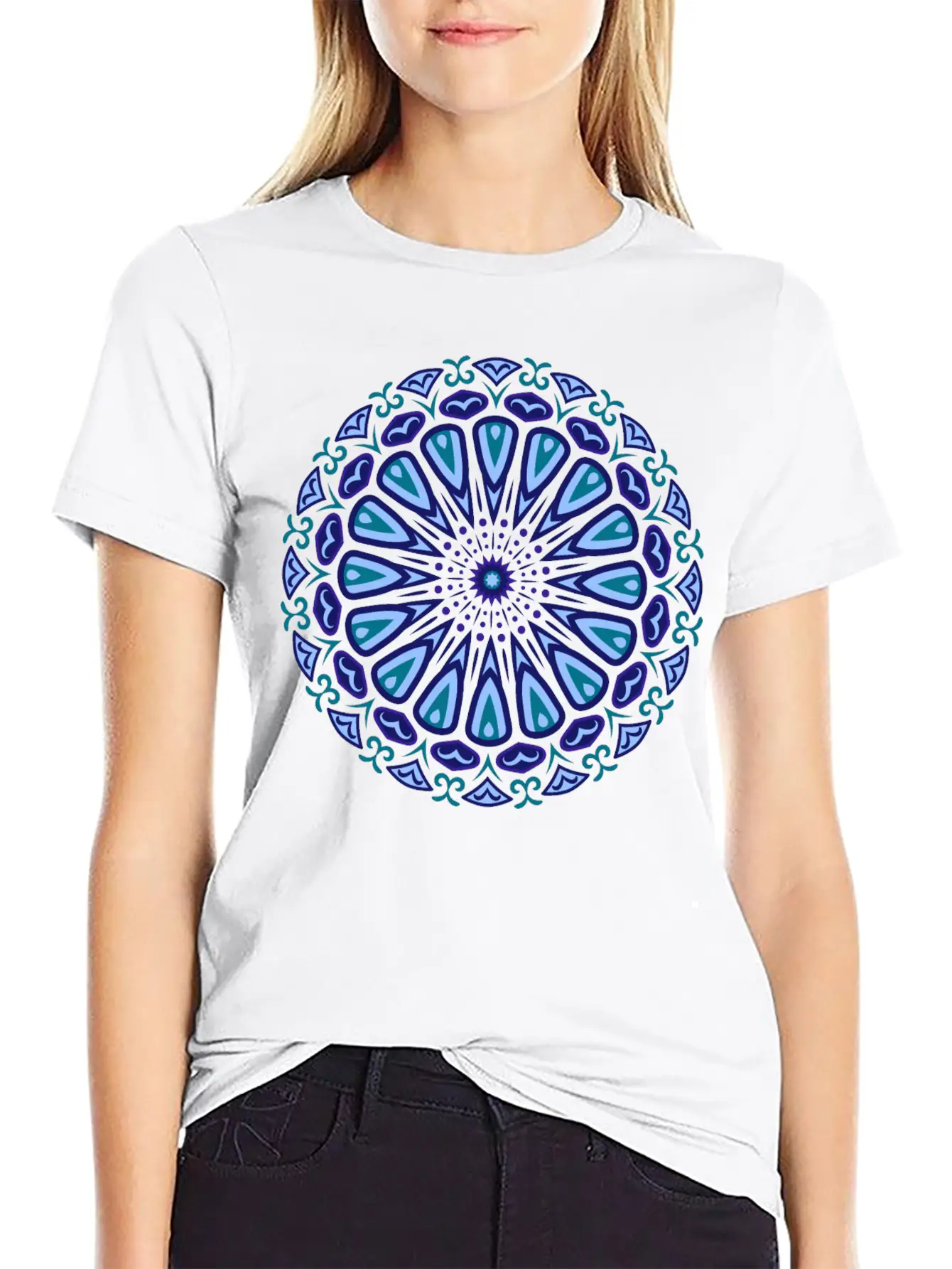 Blue Organic Boho Mandala Unisex Short Sleeve Soft Cotton T-Shirt – Casual Everyday Wear
