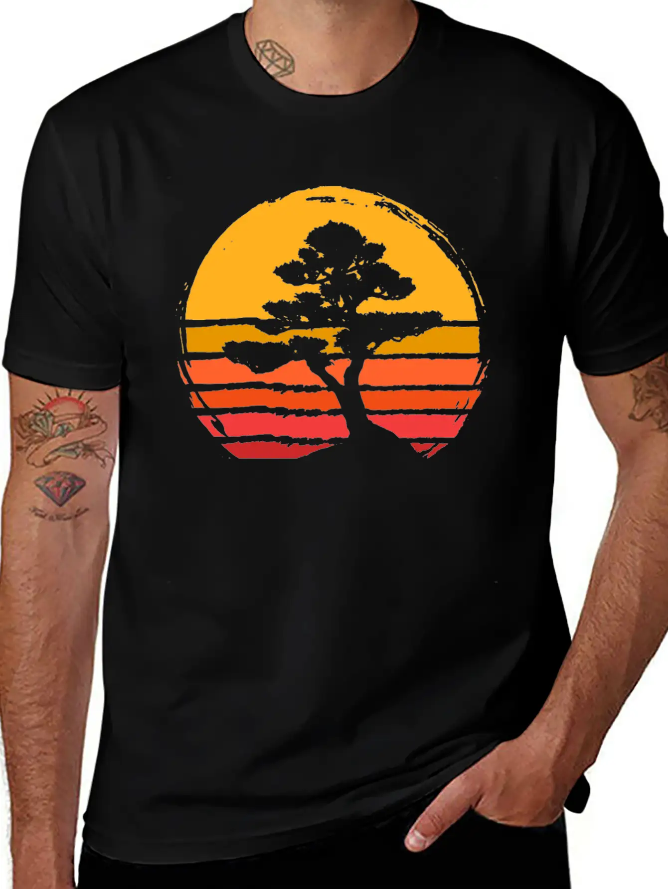 Bonsai Tree Sun Sunset Retro Vintage Gift Present Classic Fit Graphic Tee For Daily Comfort – Unisex Cotton Shirt