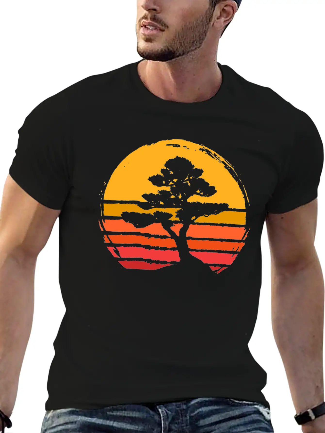 Bonsai Tree Sun Sunset Retro Vintage Gift Present Classic Fit Graphic Tee For Daily Comfort – Unisex Cotton Shirt