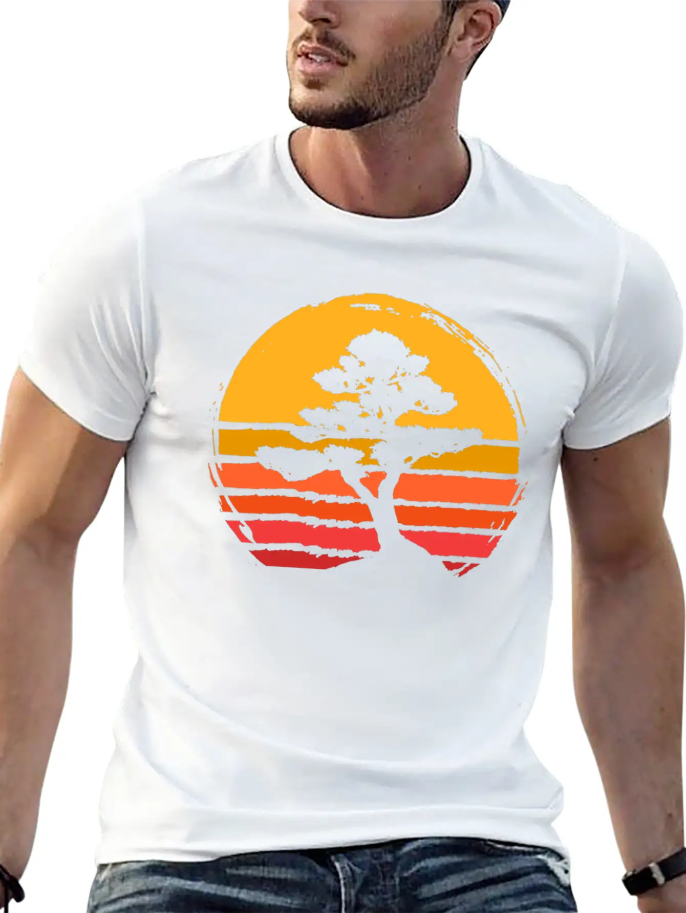 Bonsai Tree Sun Sunset Retro Vintage Gift Present Classic Fit Graphic Tee For Daily Comfort – Unisex Cotton Shirt