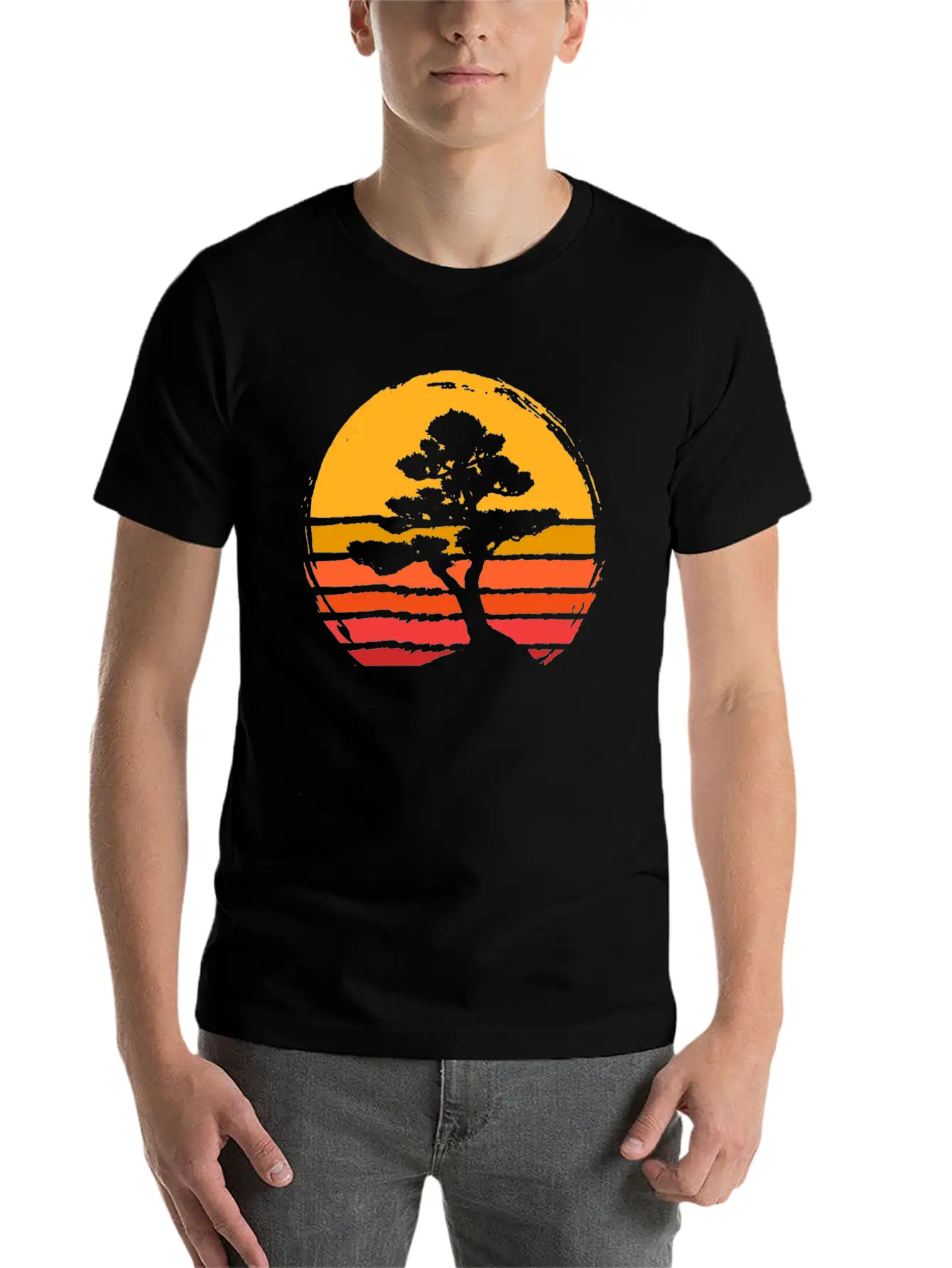 Bonsai Tree Sun Sunset Retro Vintage Gift Present Classic Fit Graphic Tee For Daily Comfort – Unisex Cotton Shirt