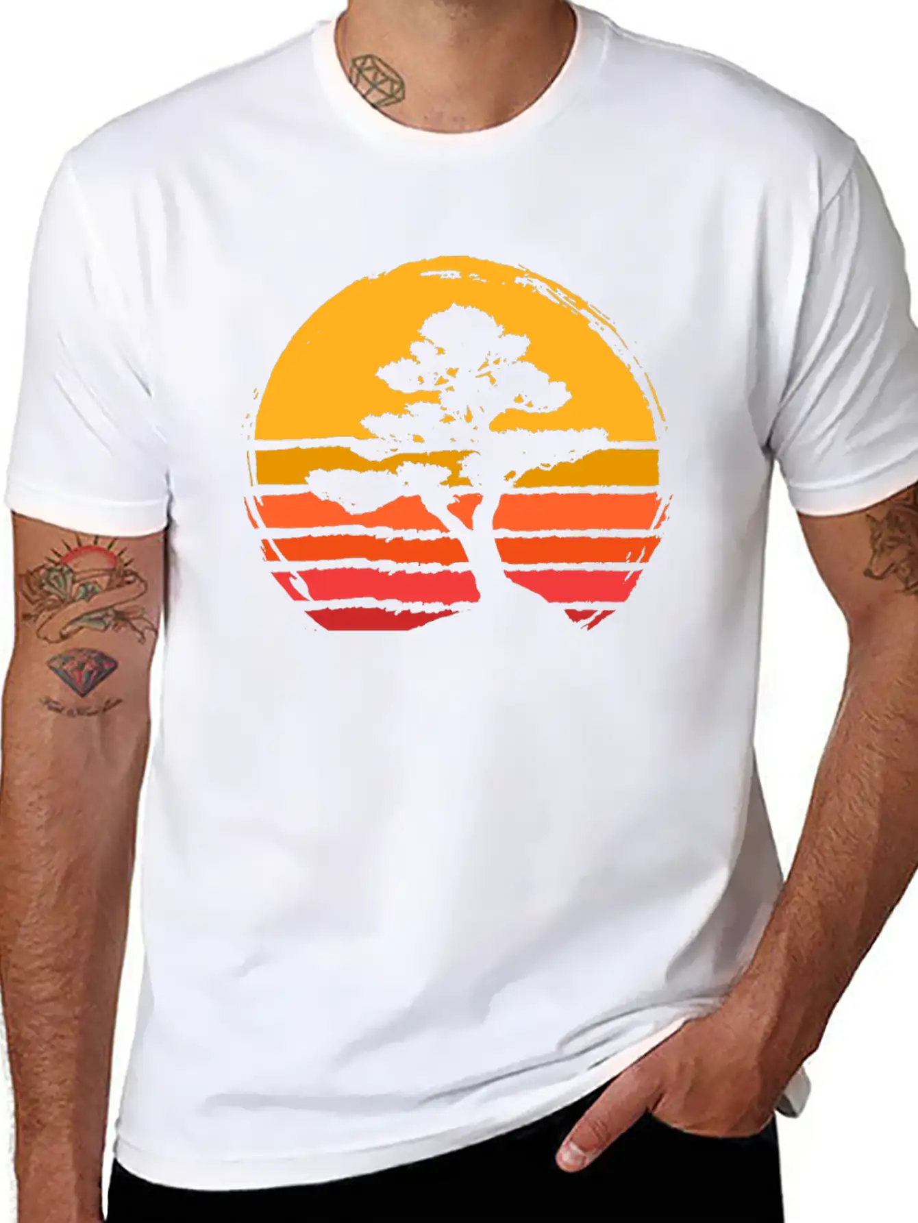 Bonsai Tree Sun Sunset Retro Vintage Gift Present Classic Fit Graphic Tee For Daily Comfort – Unisex Cotton Shirt