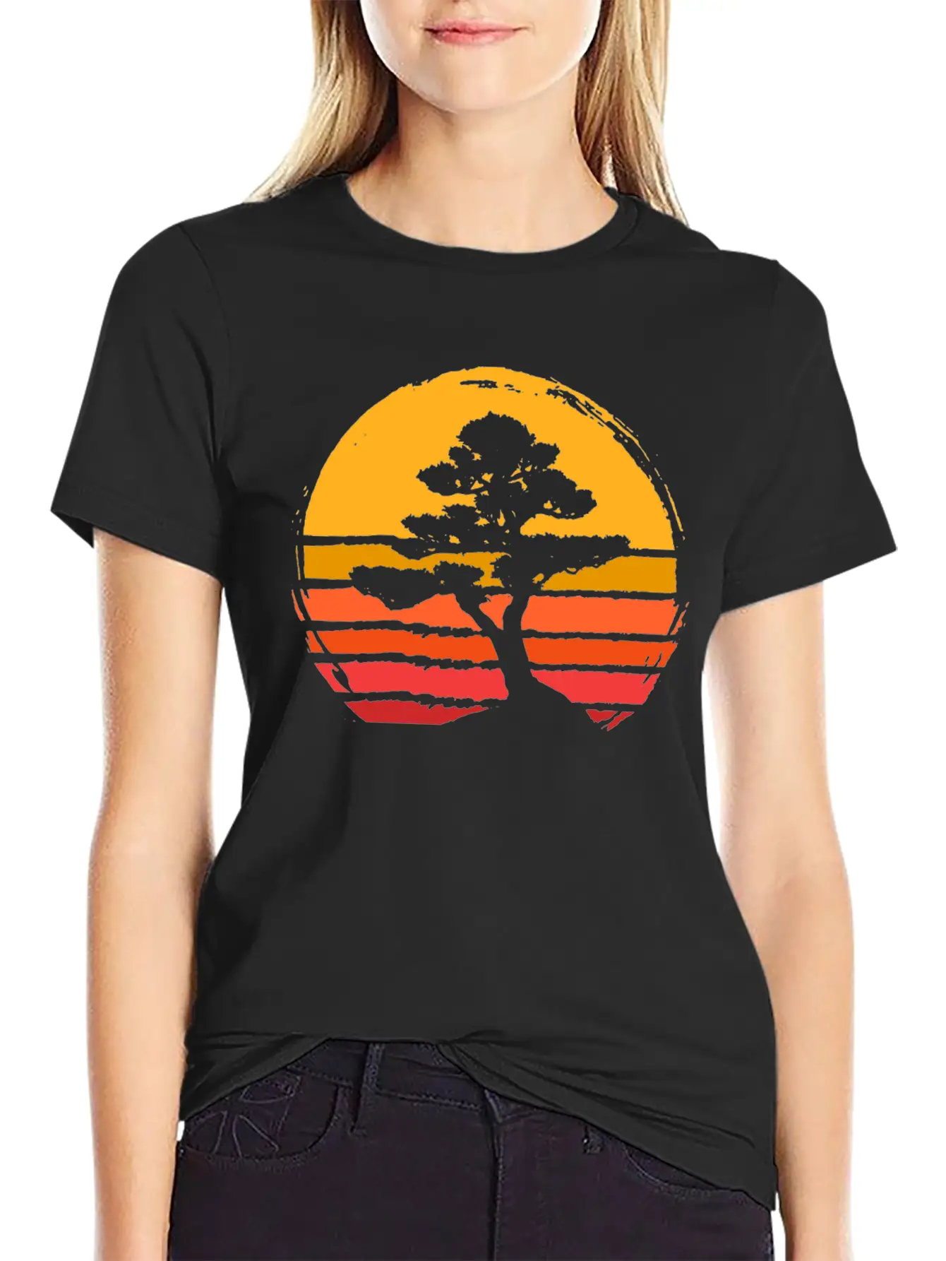 Bonsai Tree Sun Sunset Retro Vintage Gift Present Classic Fit Graphic Tee For Daily Comfort – Unisex Cotton Shirt