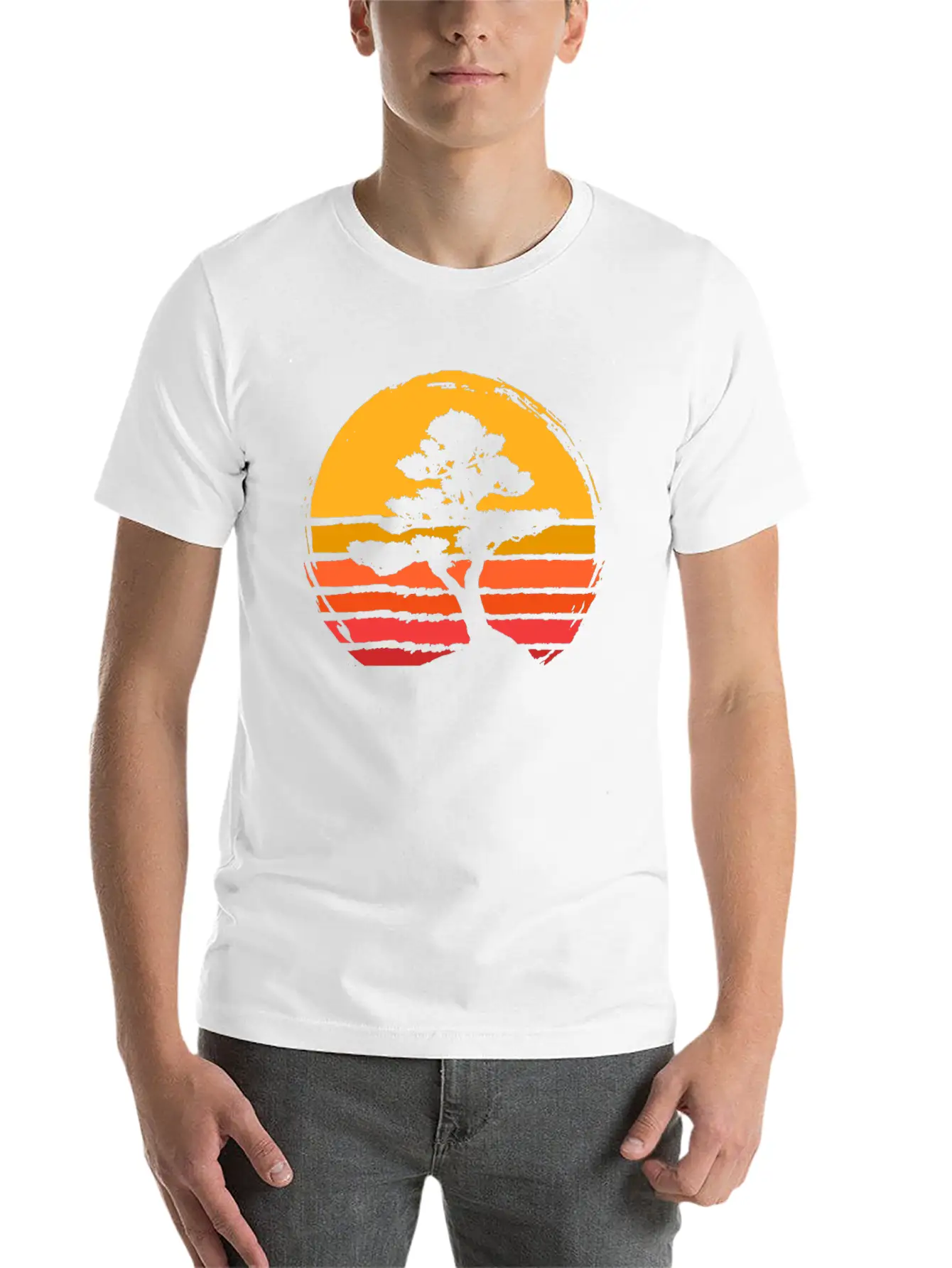 Bonsai Tree Sun Sunset Retro Vintage Gift Present Classic Fit Graphic Tee For Daily Comfort – Unisex Cotton Shirt