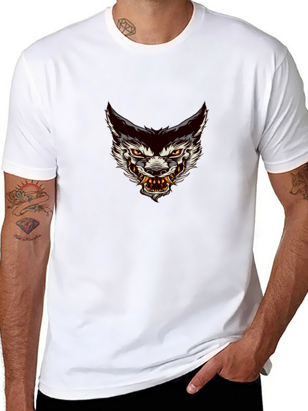 Mens Black Graphic Tee - Wolf Head Design