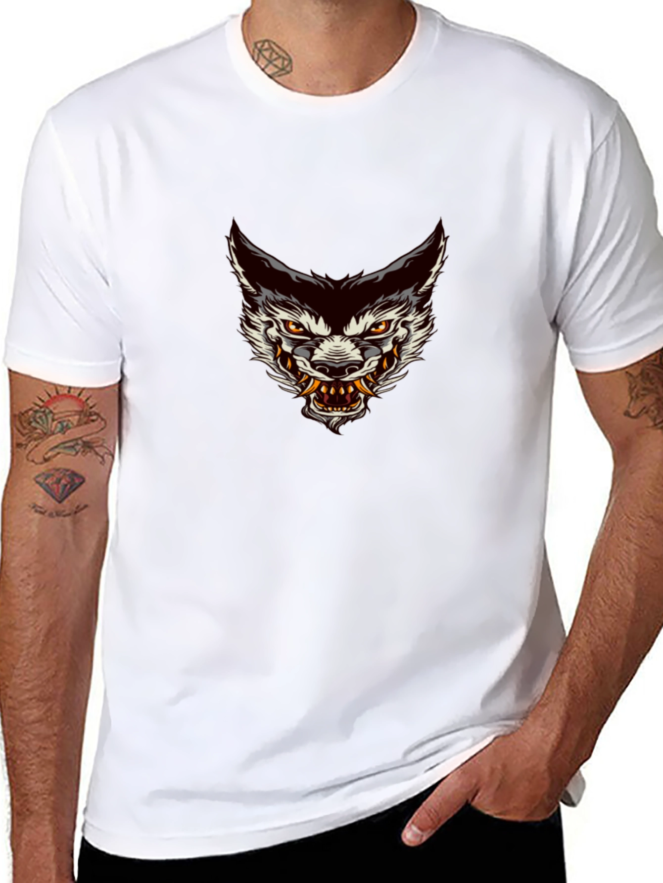 Mens Black Graphic Tee - Wolf Head Design