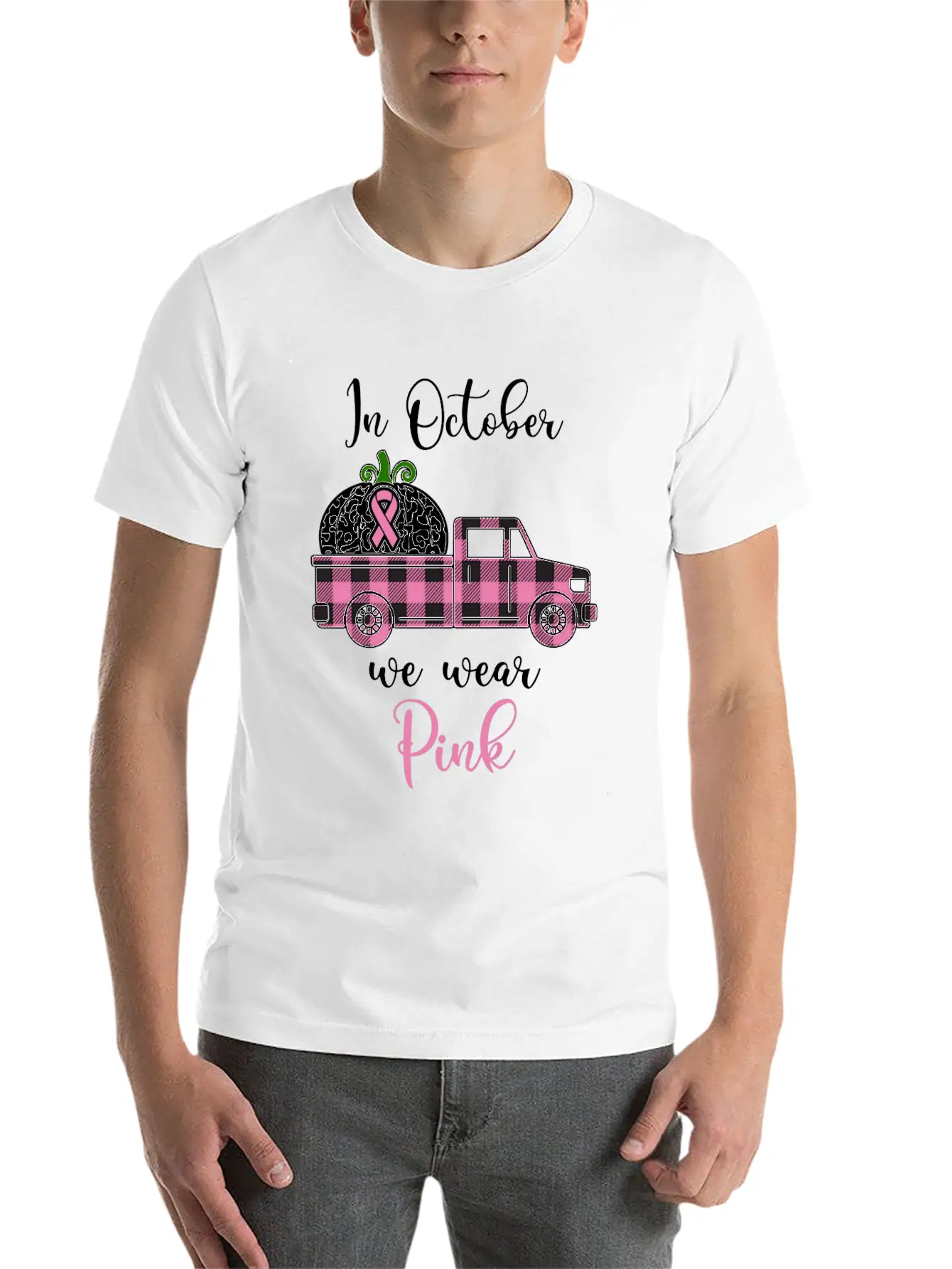 Breast Cancer Awareness Month October We Wear Pink Casual Graphic T-Shirt – Simple And Comfortable Daily Wear