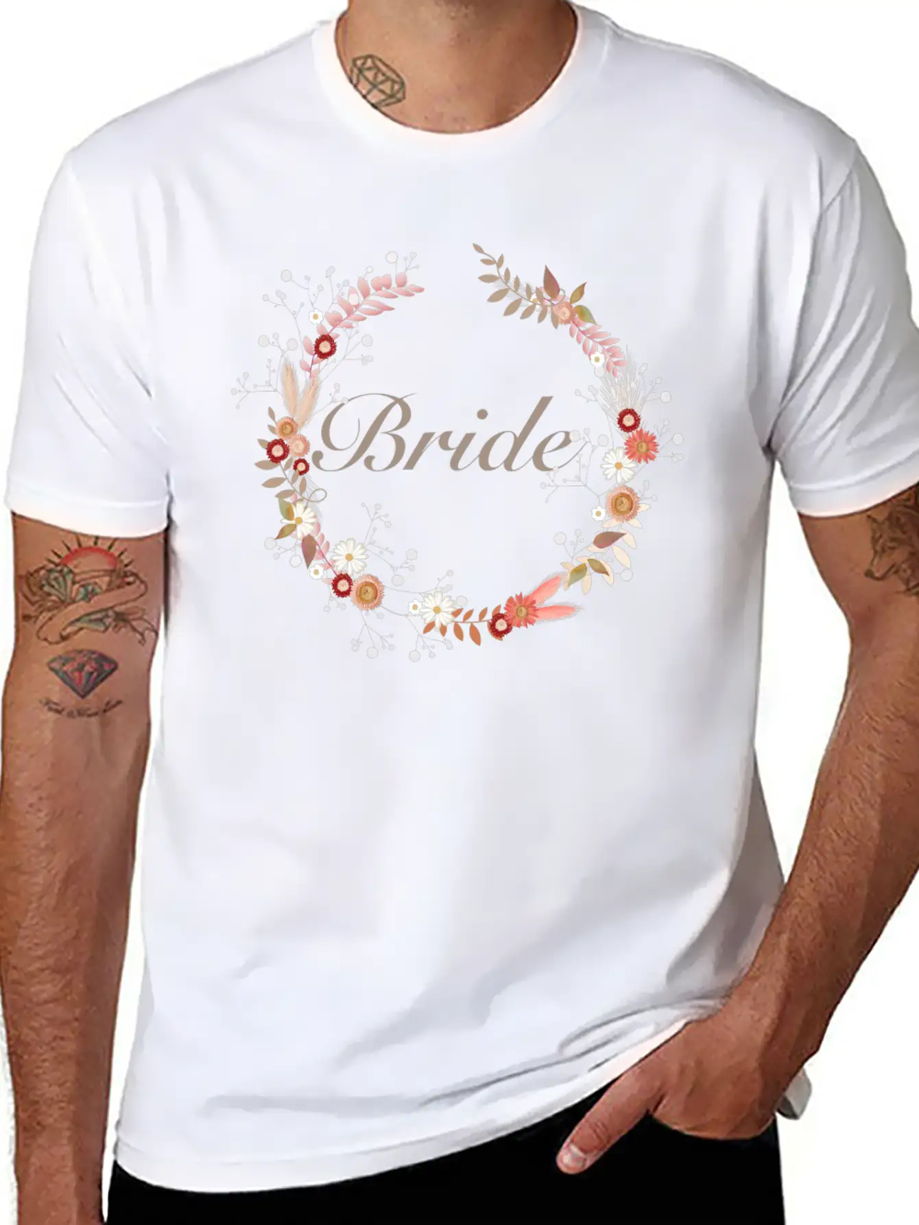Bridal Wreaths In Delicate Colors With Lettering Stylish Everyday T-Shirt – Unisex Basic Cotton Tee
