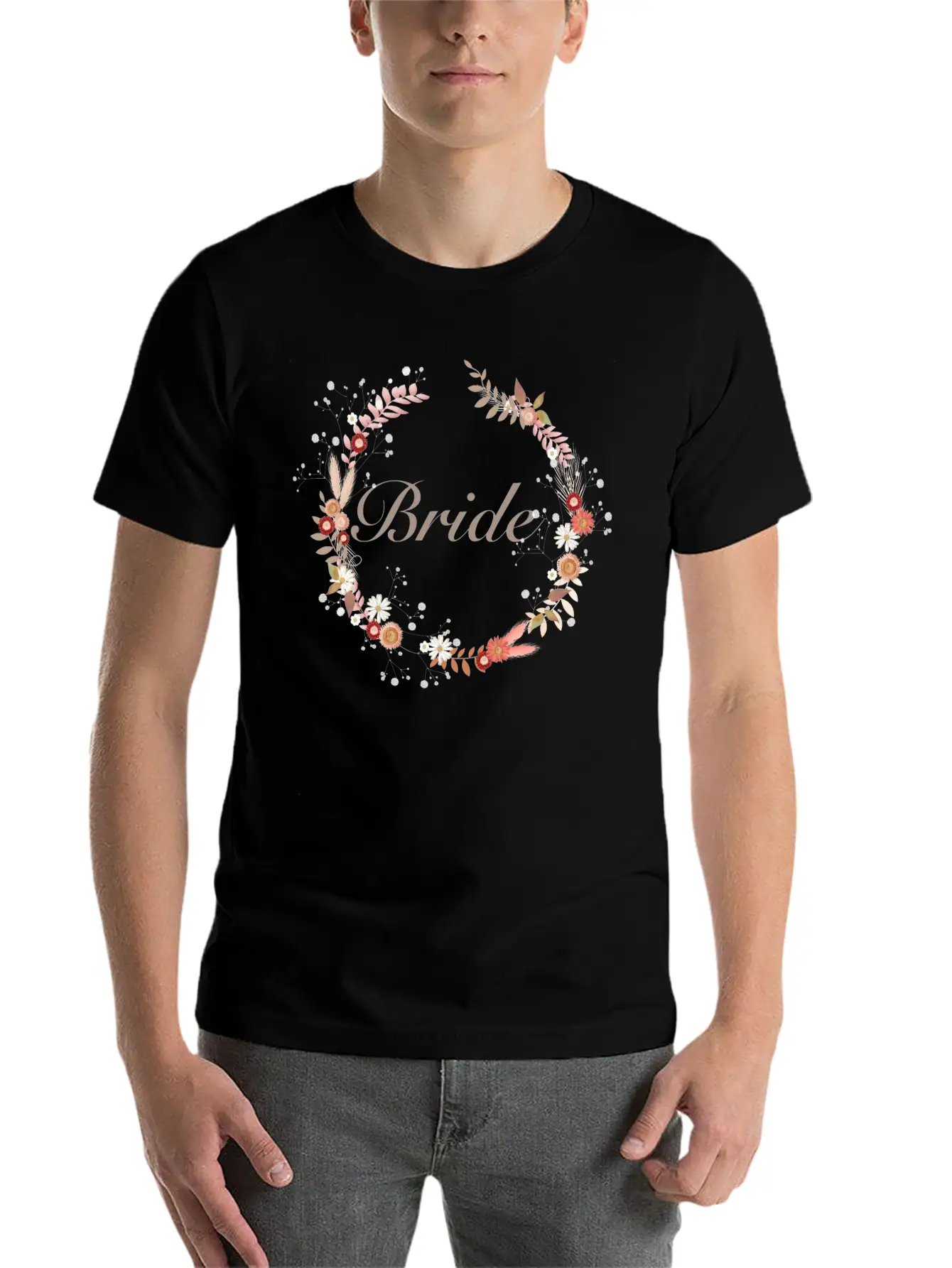 Bridal Wreaths In Delicate Colors With Lettering Stylish Everyday T-Shirt – Unisex Basic Cotton Tee