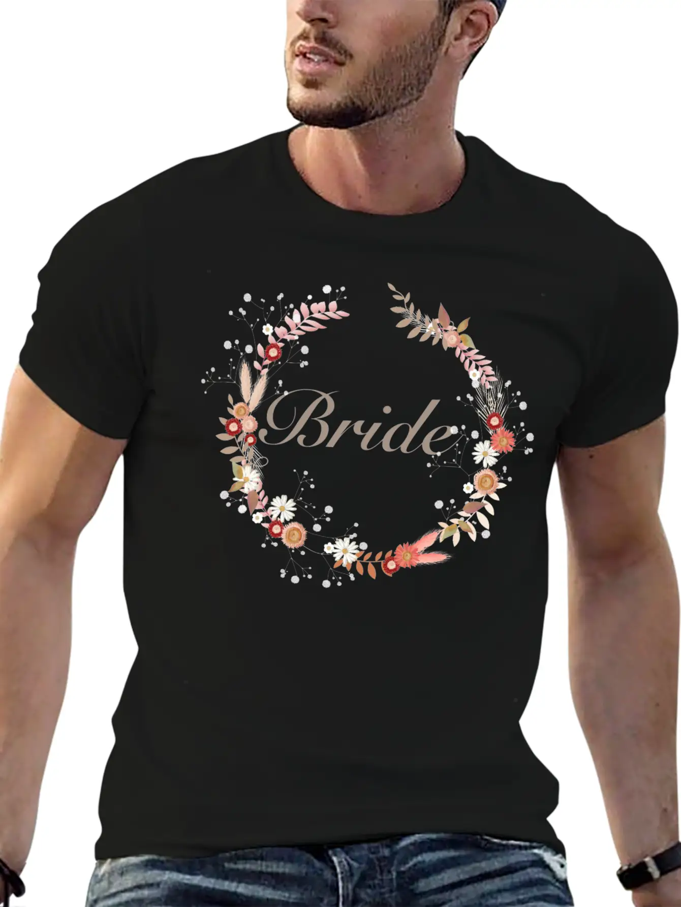 Bridal Wreaths In Delicate Colors With Lettering Stylish Everyday T-Shirt – Unisex Basic Cotton Tee