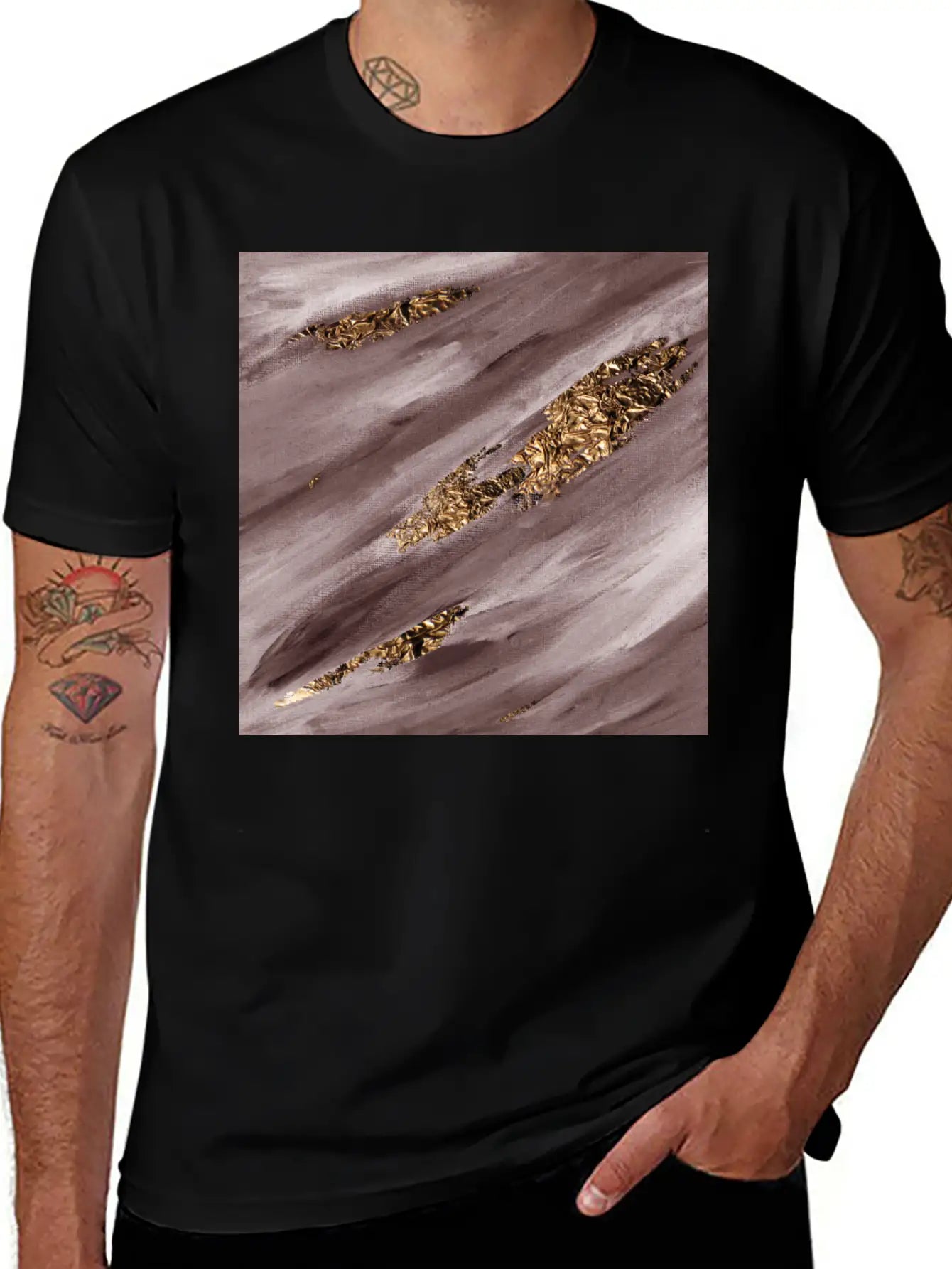 Brown Paint Brushstrokes Gold Foil Unisex Casual T-Shirt – Clean Design For Daily Comfort
