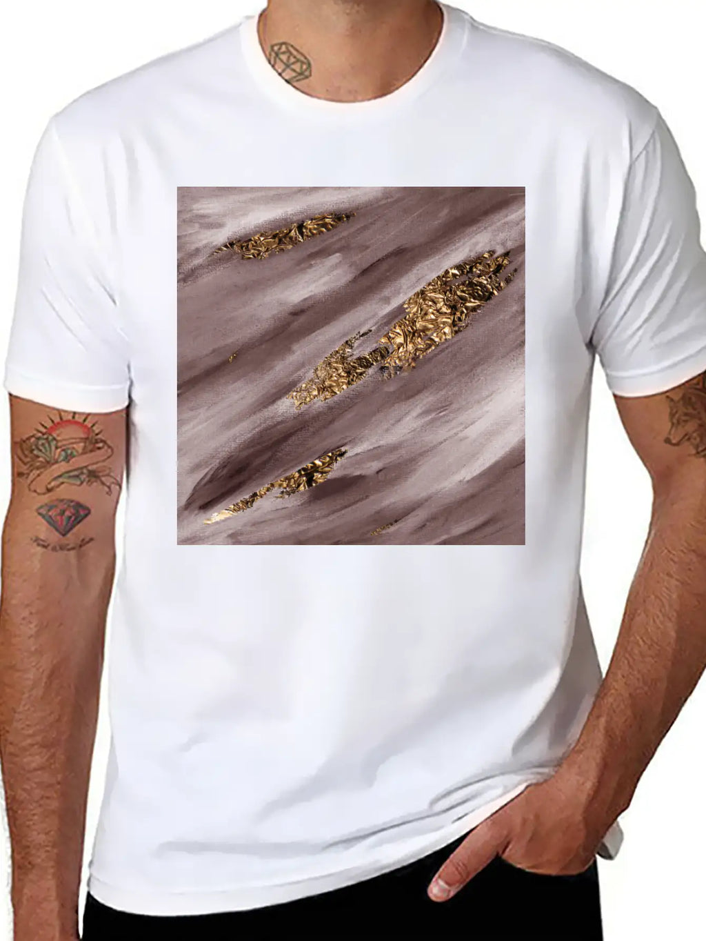 Brown Paint Brushstrokes Gold Foil Unisex Casual T-Shirt – Clean Design For Daily Comfort